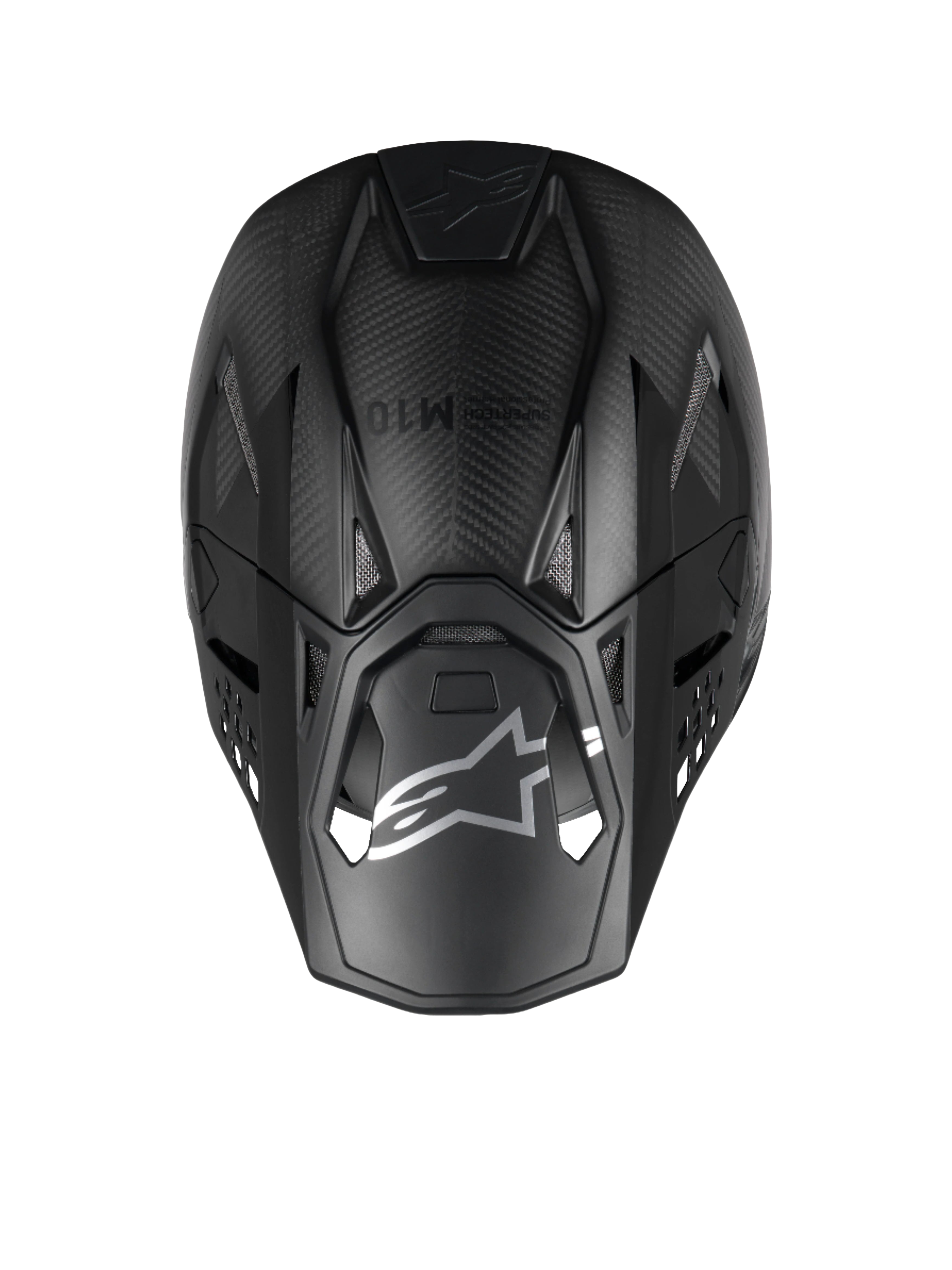 Alpinestars casco Supertech M10 Fame, vista superior, negro carbón mate y brillante, fibra de carbono 3K de motocross