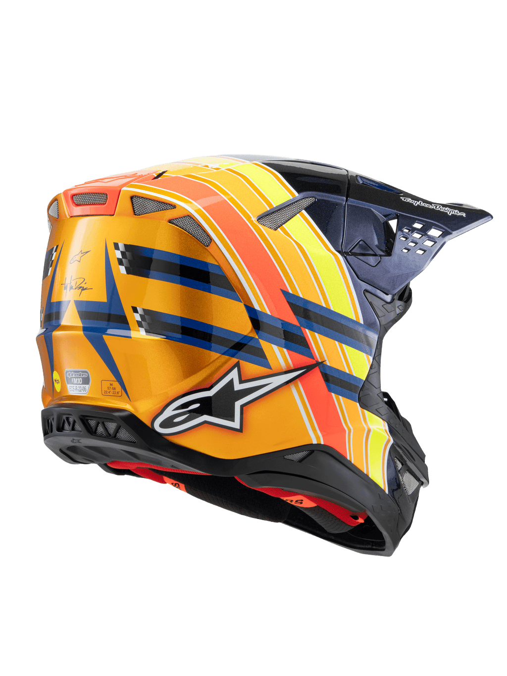 Casco Alpinestars Supertech M10 TLD Edition 25, casco de motocross, azul oscuro, naranja y amarillo flúor con rojo, vista trasera de tres cuartos que muestra el acabado brillante, logotipo de Alpinestars llamativo, marca Troy Lee Designs y puertos de ventilación integrados.