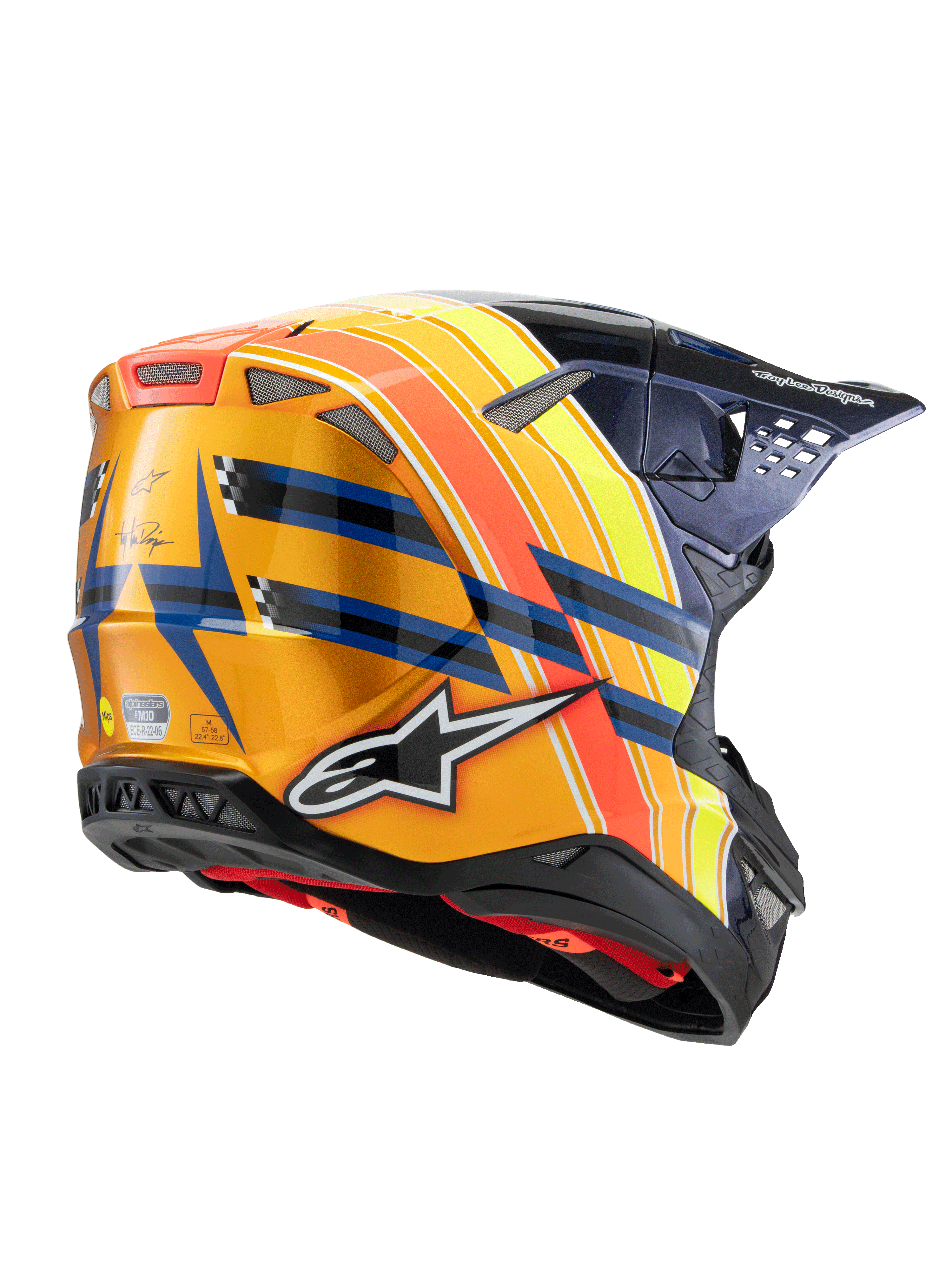 Casco Alpinestars Supertech M10 TLD Edition 25, casco de motocross, azul oscuro, naranja y amarillo flúor con rojo, vista trasera de tres cuartos que muestra el acabado brillante, logotipo de Alpinestars llamativo, marca Troy Lee Designs y puertos de ventilación integrados.