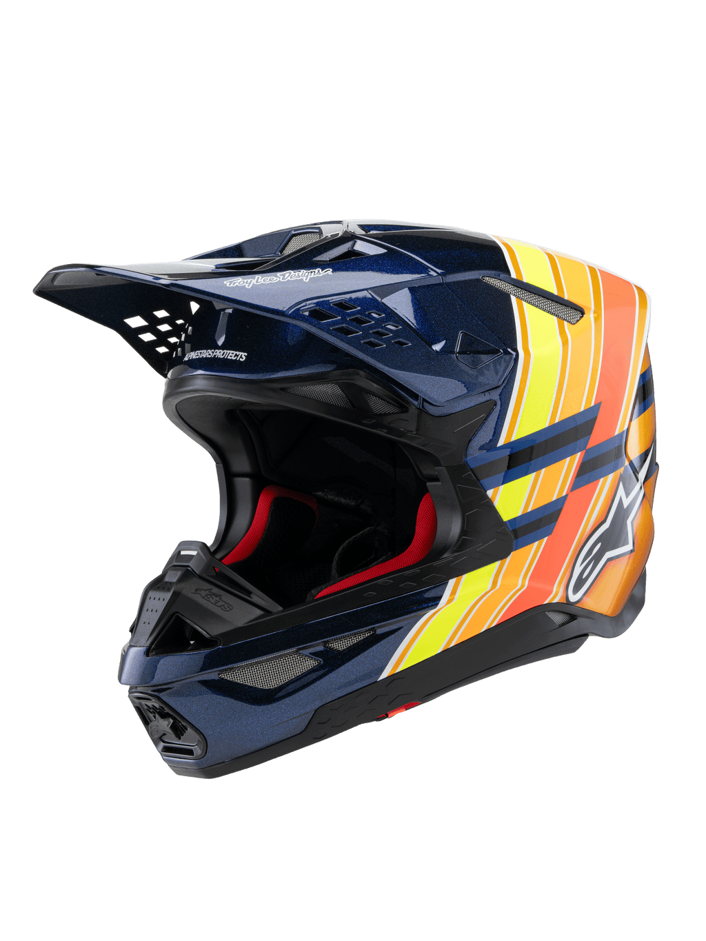 Casco Alpinestars Supertech M10 TLD Edition 25, casco de motocross, azul oscuro brillante con gráficos en naranja y amarillo flúor, con acolchado interior rojo, calota aerodinámica con múltiples puertos de ventilación, marca Troy Lee Designs en la visera, equipo profesional de carreras off-road