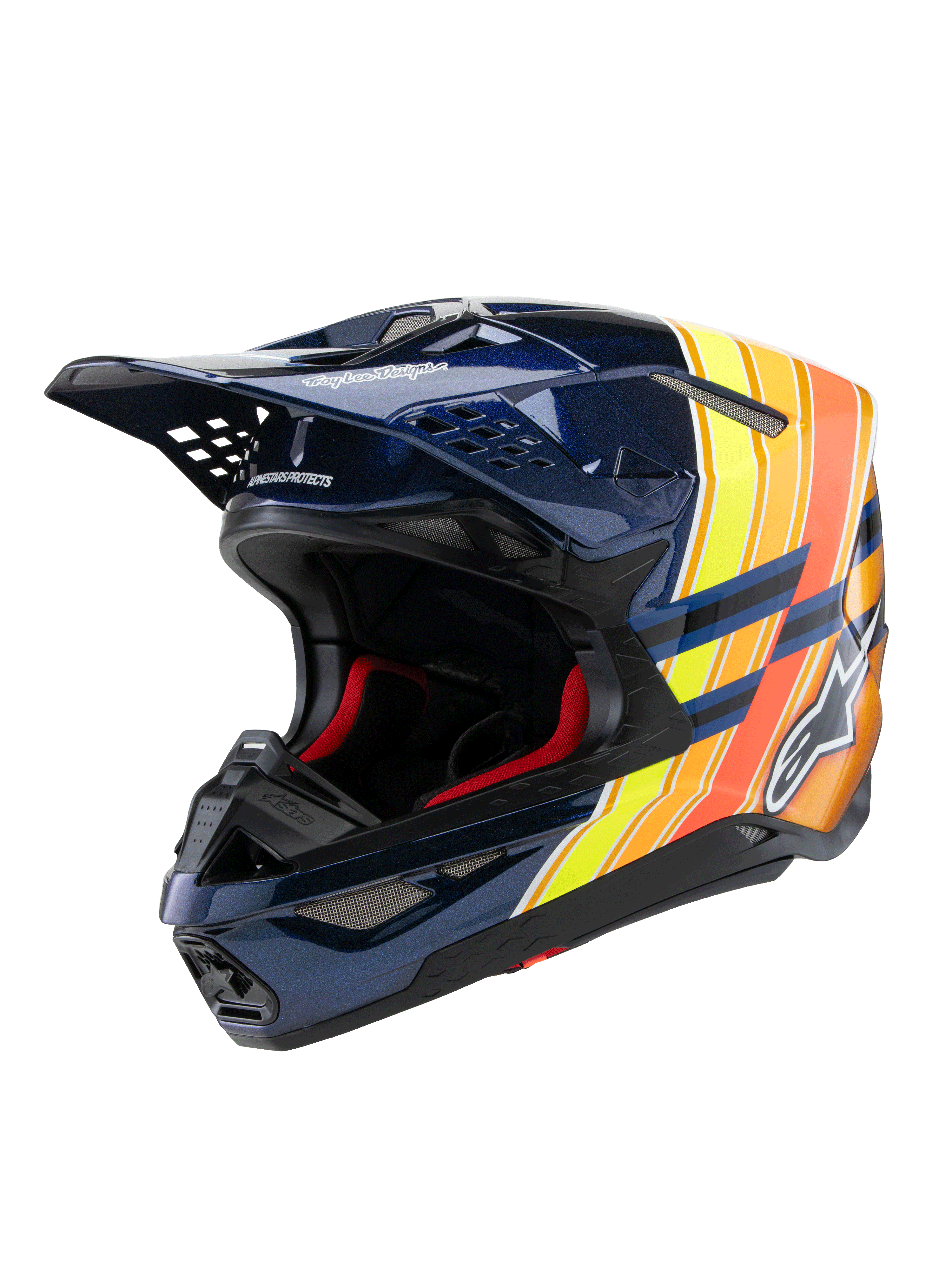 Casco Alpinestars Supertech M10 TLD Edition 25, casco de motocross, azul oscuro brillante con gráficos en naranja y amarillo flúor, con acolchado interior rojo, calota aerodinámica con múltiples puertos de ventilación, marca Troy Lee Designs en la visera, equipo profesional de carreras off-road