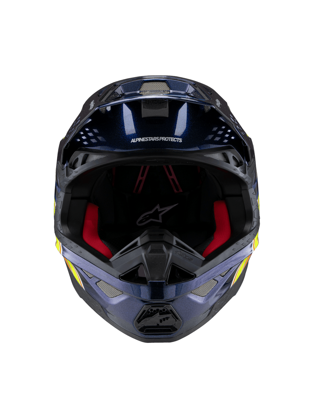 Casco Alpinestars Supertech M10 TLD Edition 25, casco de motocross, azul oscuro metálico brillante con acolchado interior rojo, vista frontal que muestra la malla de ventilación y gráficos laterales en amarillo y naranja, protección premium para carreras off-road.
