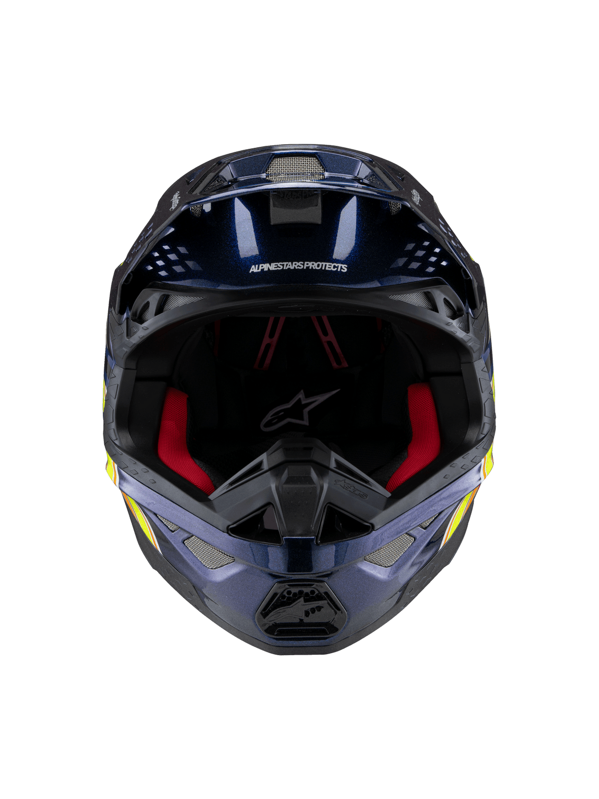 Casco Alpinestars Supertech M10 TLD Edition 25, casco de motocross, azul oscuro metálico brillante con acolchado interior rojo, vista frontal que muestra la malla de ventilación y gráficos laterales en amarillo y naranja, protección premium para carreras off-road.