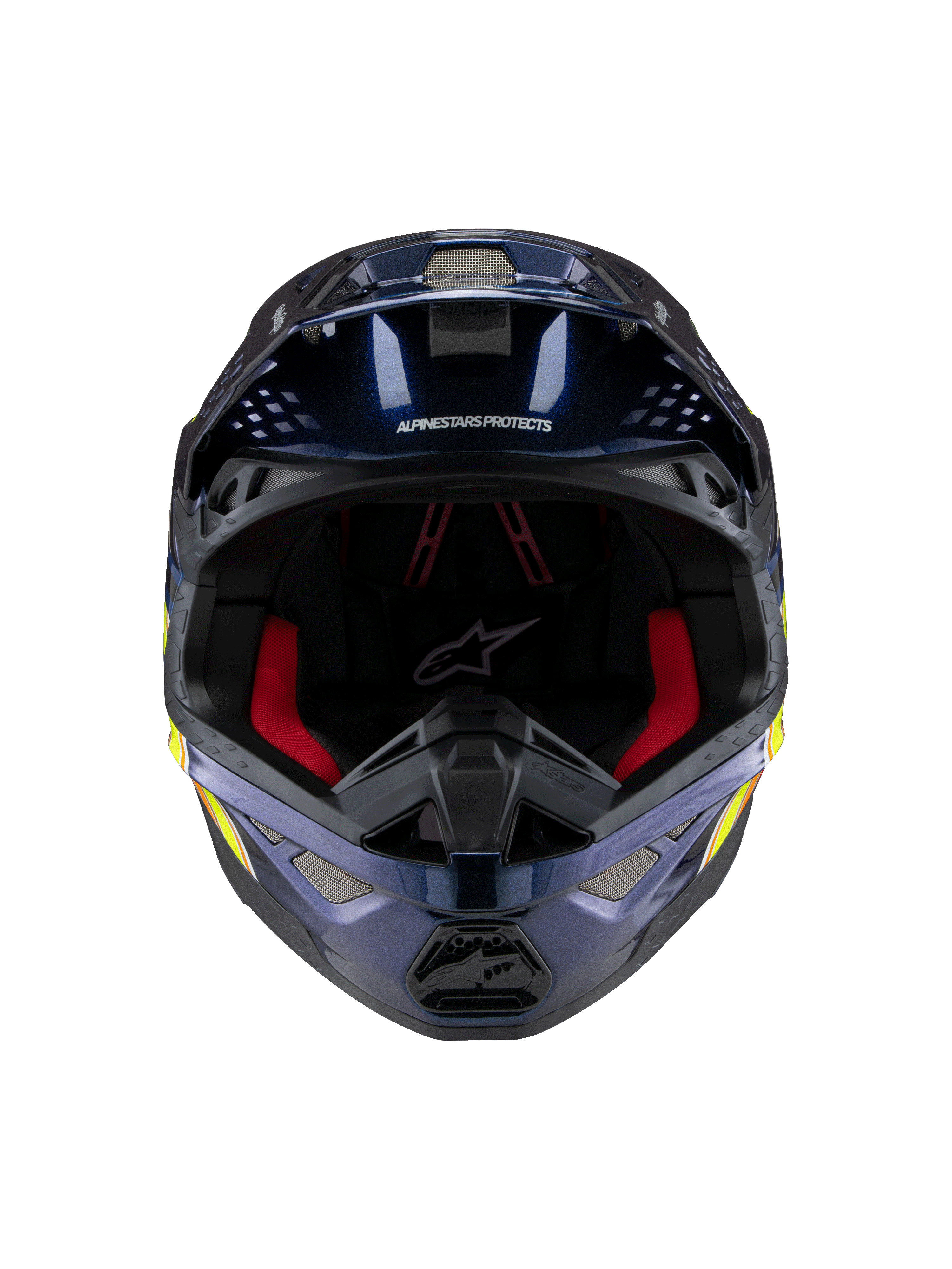 Casco Alpinestars Supertech M10 TLD Edition 25, casco de motocross, azul oscuro metálico brillante con acolchado interior rojo, vista frontal que muestra la malla de ventilación y gráficos laterales en amarillo y naranja, protección premium para carreras off-road.