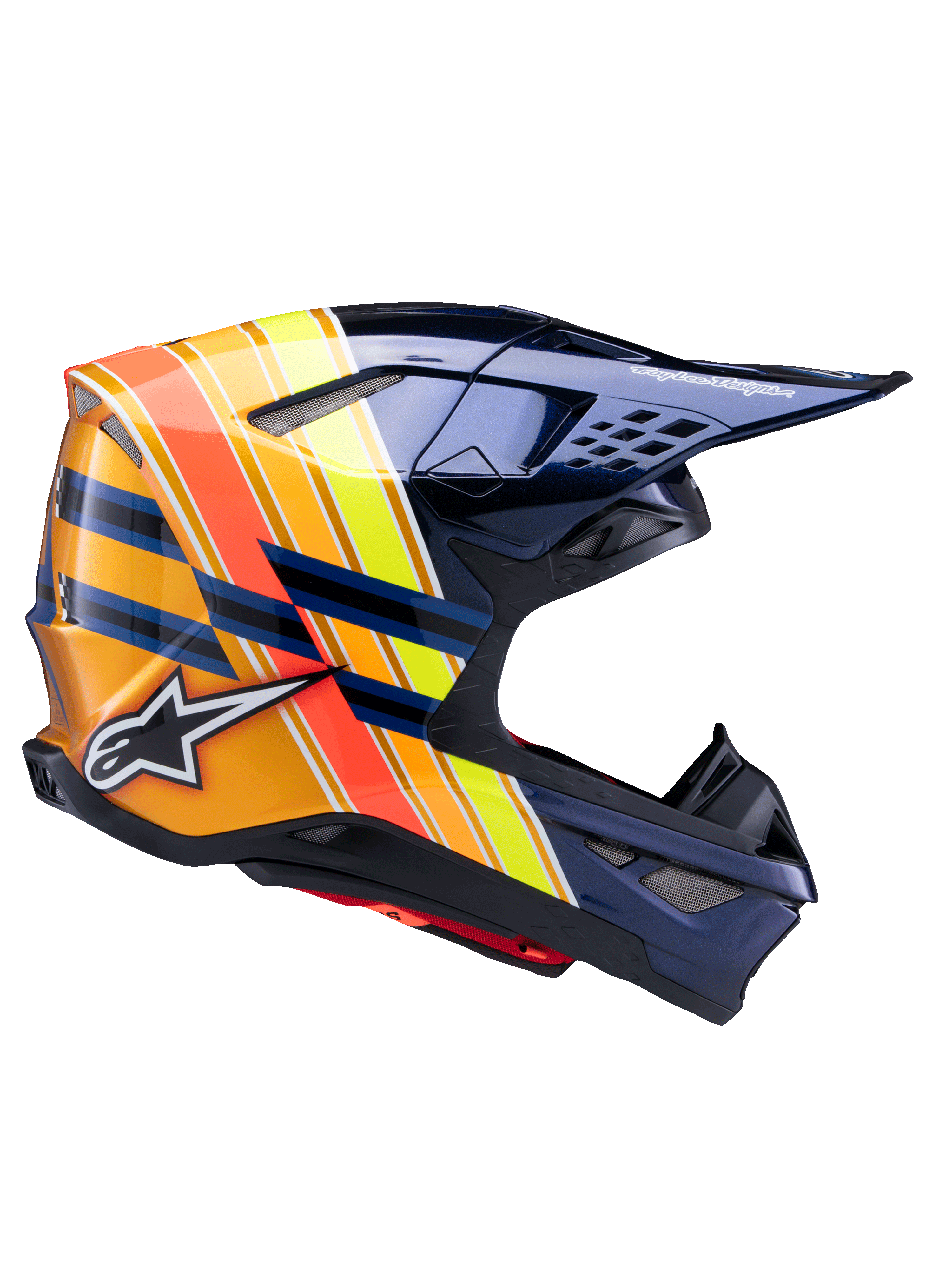 Casco Alpinestars Supertech M10 TLD Edition 25, casco de motocross, azul oscuro metalizado con franjas vibrantes en naranja, amarillo y rojo, vista de perfil lateral, acabado brillante con logotipos de Alpinestars y Troy Lee Designs, carcasa aerodinámica con múltiples ventilaciones de malla para carreras todoterreno