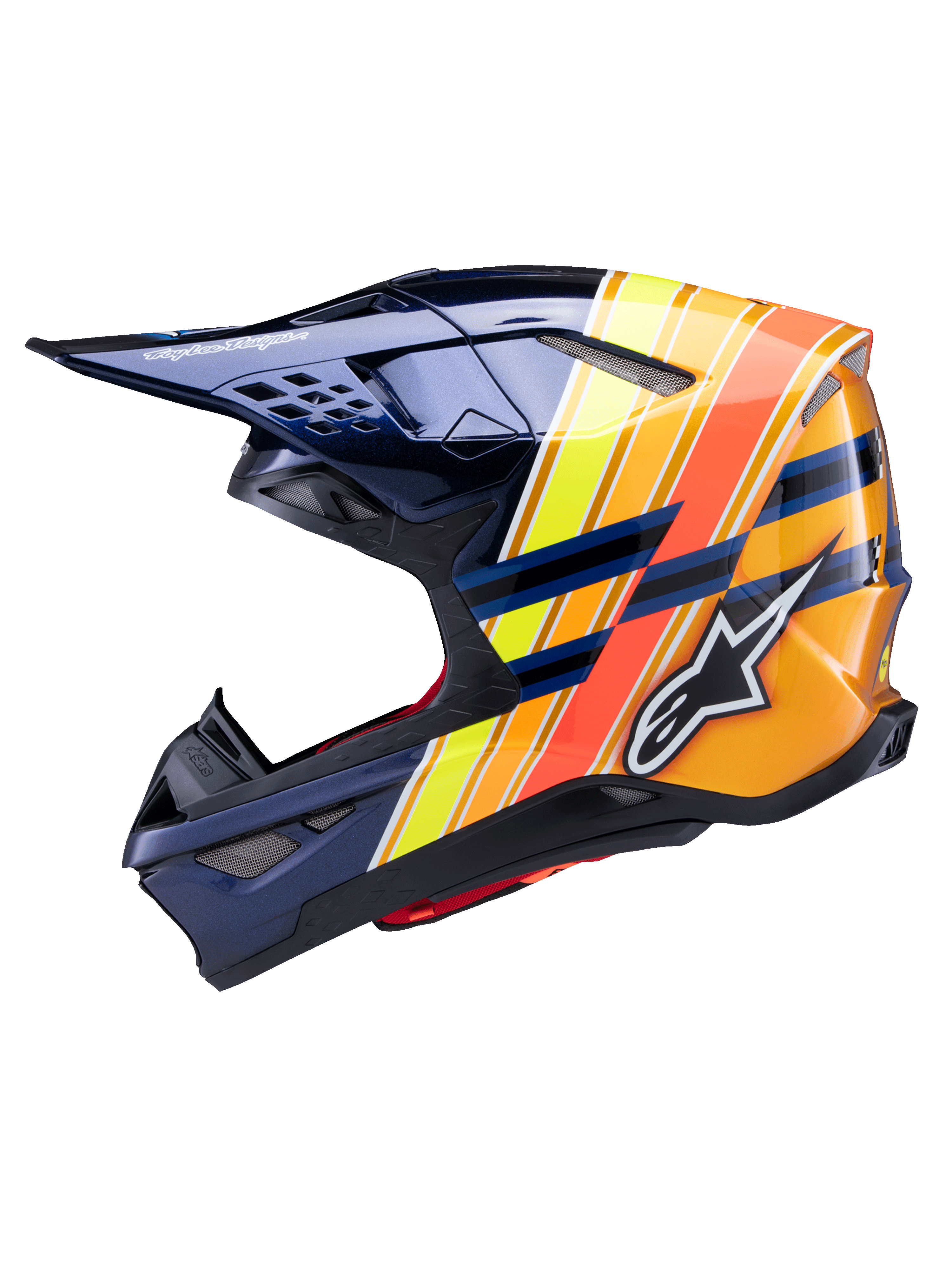 Casco Alpinestars Supertech M10 TLD Edition 25, perfil lateral, azul oscuro brillante con franjas gráficas en naranja vibrante, amarillo y rojo fluorescente, con el logotipo de Alpinestars en blanco y la marca Troy Lee Designs, casco de motocross avanzado para rendimiento todoterreno
