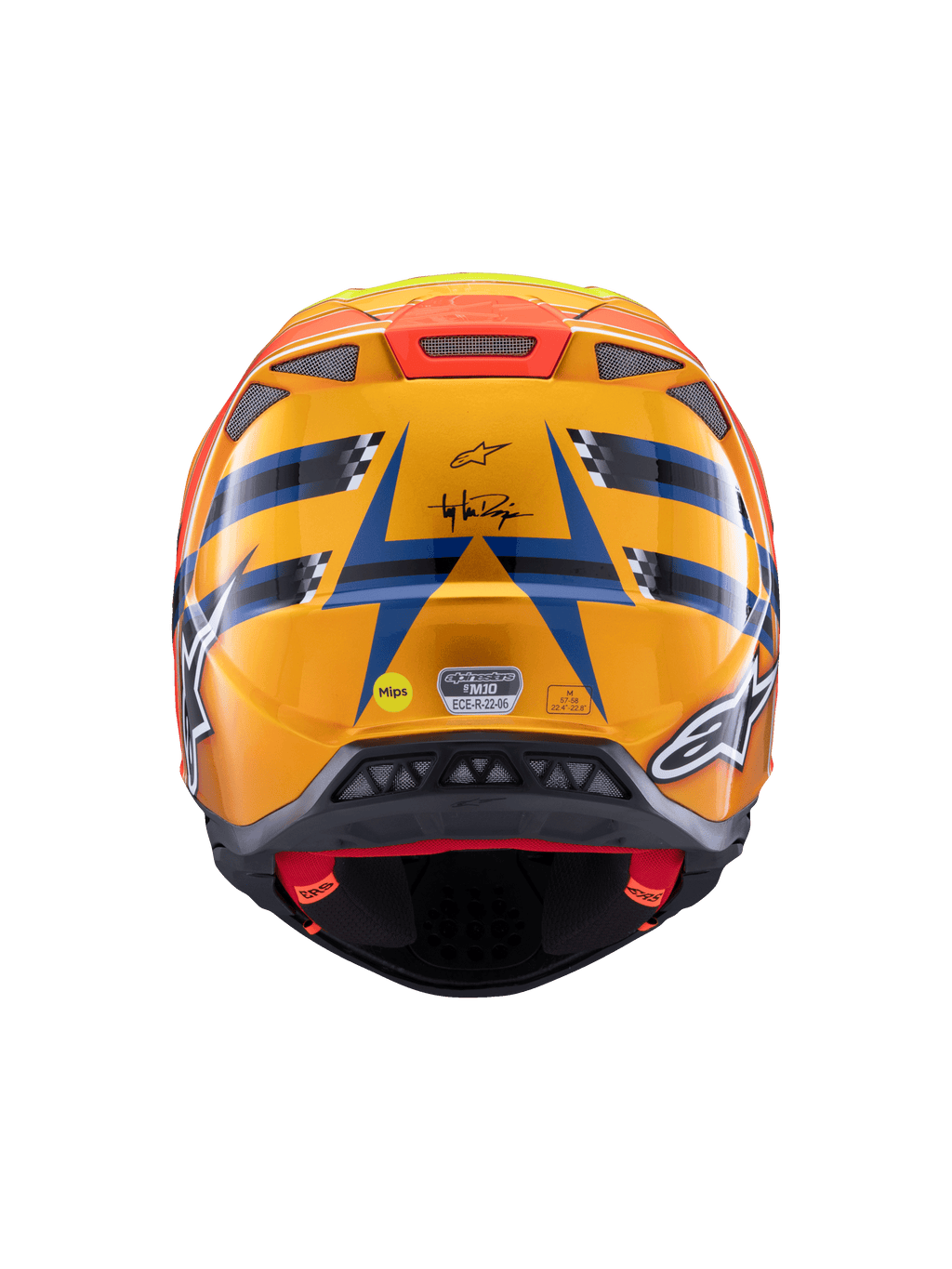 Casco Alpinestars Supertech M10 TLD Edition 25, casco de motocross, vista trasera, naranja y azul brillantes con detalles en amarillo fluorescente y rojo, con marca Troy Lee Designs y sistema de seguridad MIPS, diseño aerodinámico con puertos de escape