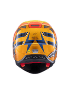Casco Alpinestars Supertech M10 TLD Edition 25, casco de motocross, vista trasera, naranja y azul brillantes con detalles en amarillo fluorescente y rojo, con marca Troy Lee Designs y sistema de seguridad MIPS, diseño aerodinámico con puertos de escape