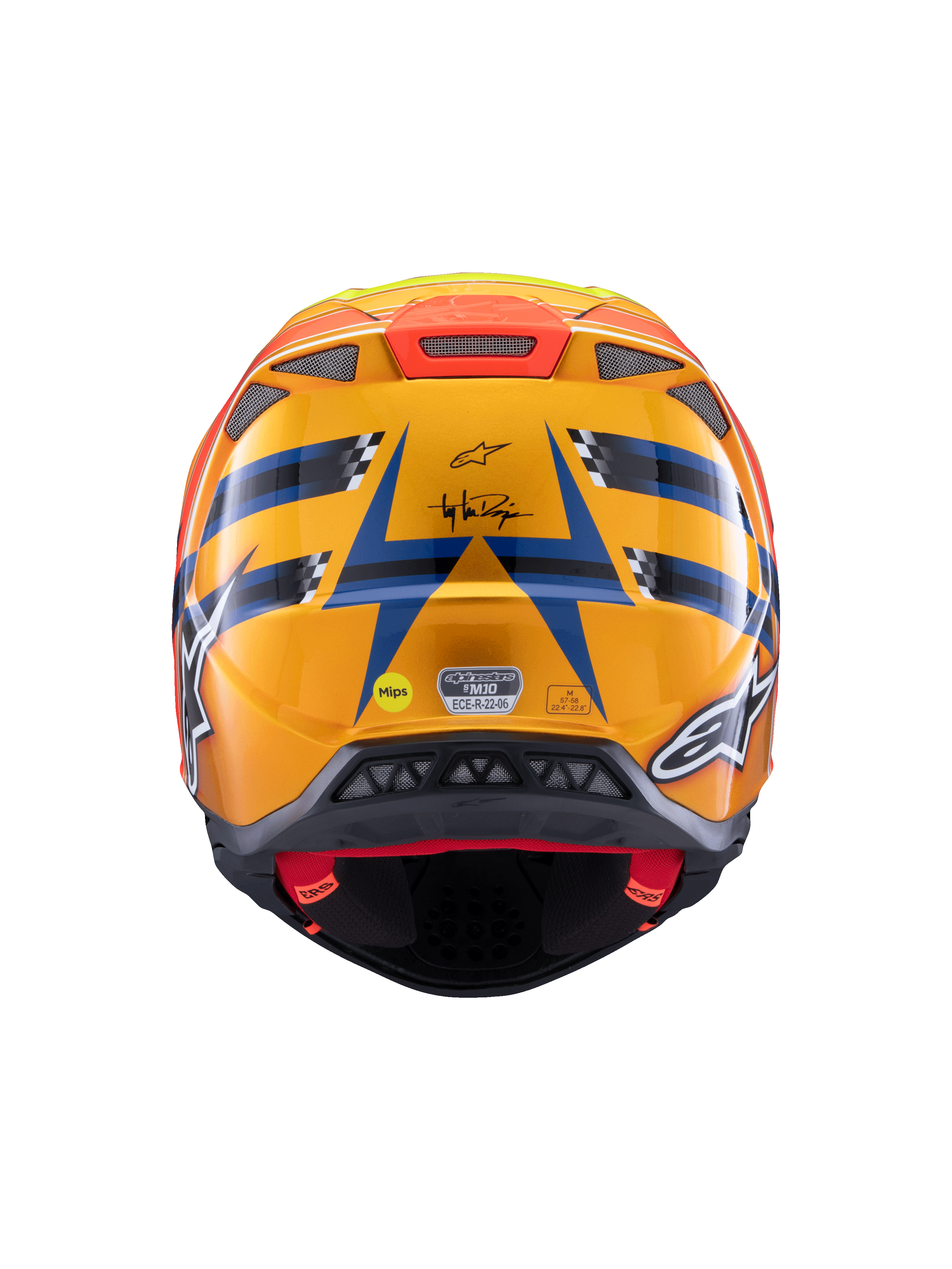 Casco Alpinestars Supertech M10 TLD Edition 25, casco de motocross, vista trasera, naranja y azul brillantes con detalles en amarillo fluorescente y rojo, con marca Troy Lee Designs y sistema de seguridad MIPS, diseño aerodinámico con puertos de escape