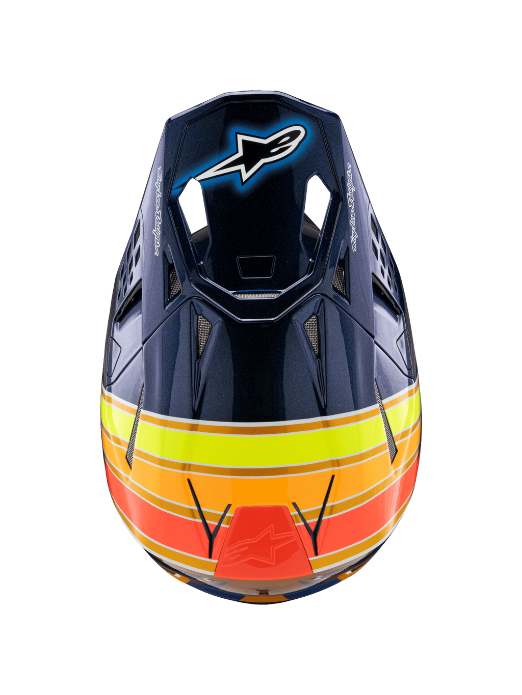 Alpinestars Supertech M10 TLD Edition 25 Helmet, casco de motocross, azul oscuro brillante con franjas naranjas, amarillo flúor y rojas, vista superior que muestra la visera con el logotipo de Astar y puertos de ventilación de malla, equipo profesional de carreras todoterreno