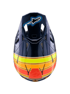 Alpinestars Supertech M10 TLD Edition 25 Helmet, casco de motocross, azul oscuro brillante con franjas naranjas, amarillo flúor y rojas, vista superior que muestra la visera con el logotipo de Astar y puertos de ventilación de malla, equipo profesional de carreras todoterreno