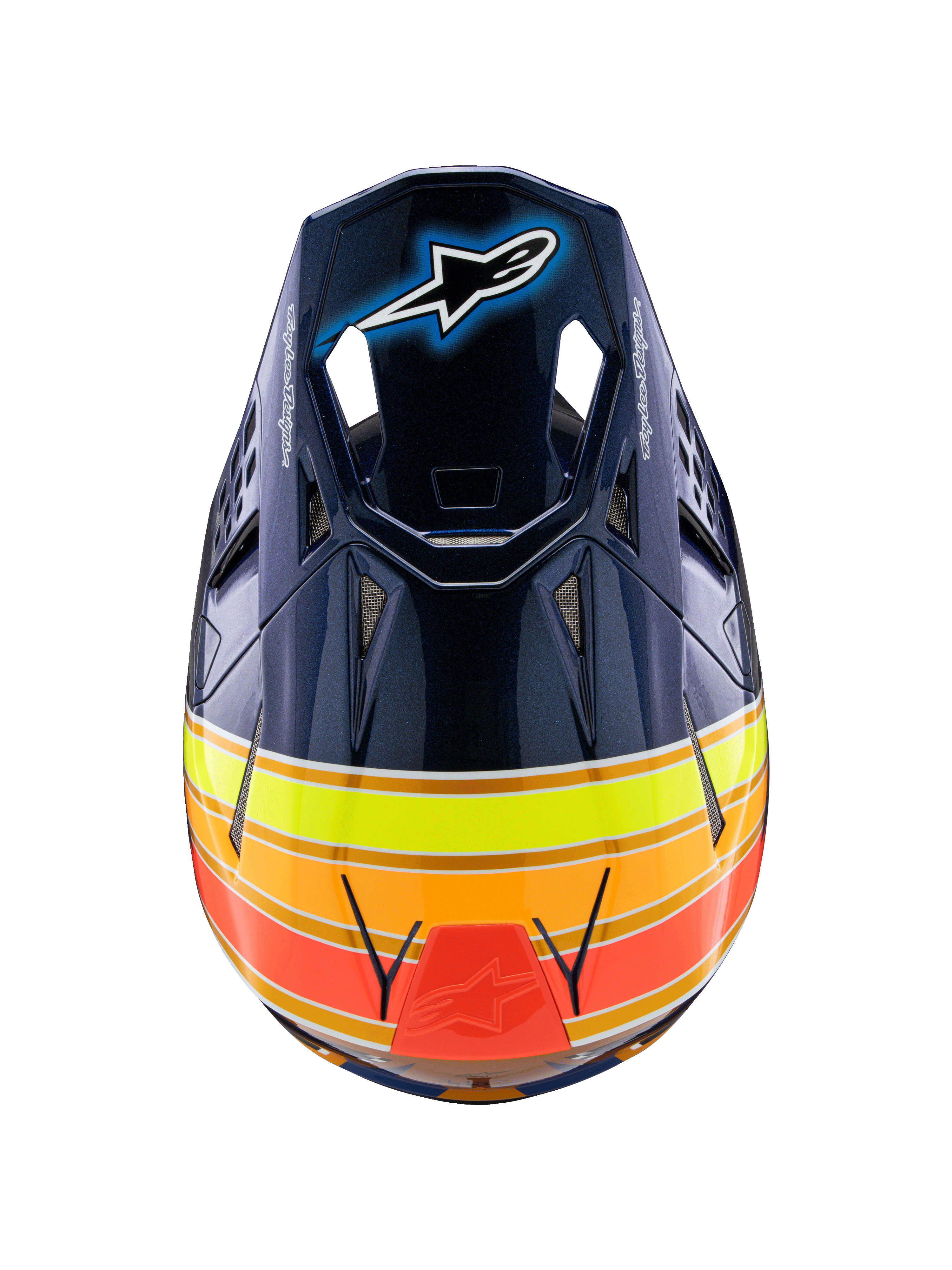Alpinestars Supertech M10 TLD Edition 25 Helmet, casco de motocross, azul oscuro brillante con franjas naranjas, amarillo flúor y rojas, vista superior que muestra la visera con el logotipo de Astar y puertos de ventilación de malla, equipo profesional de carreras todoterreno