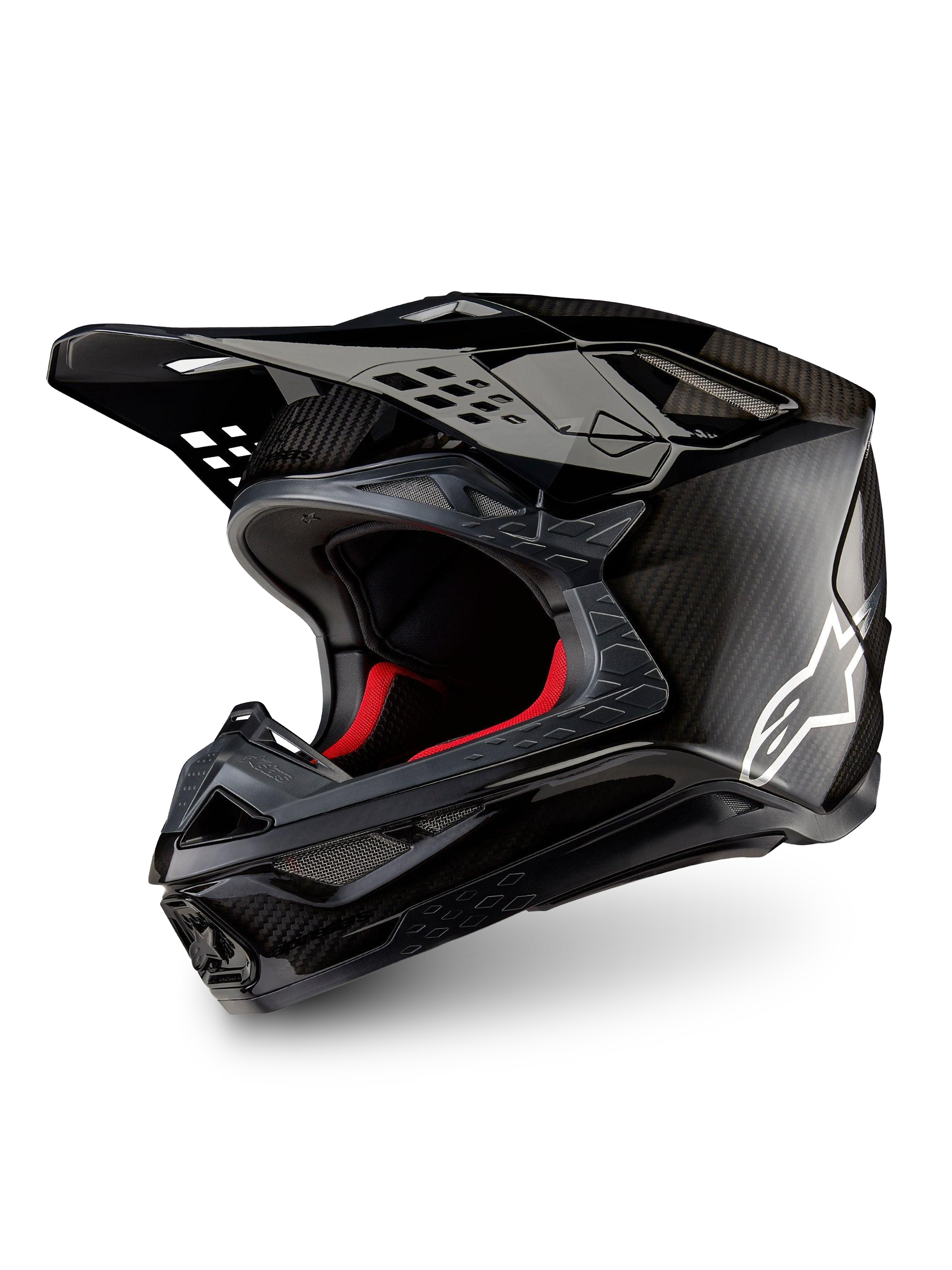 Alpinestars Supertech M10 Fame ECE 22.06, casco de motocross, negro mate y brillante con blanco e interior rojo, fibra de carbono 3K
