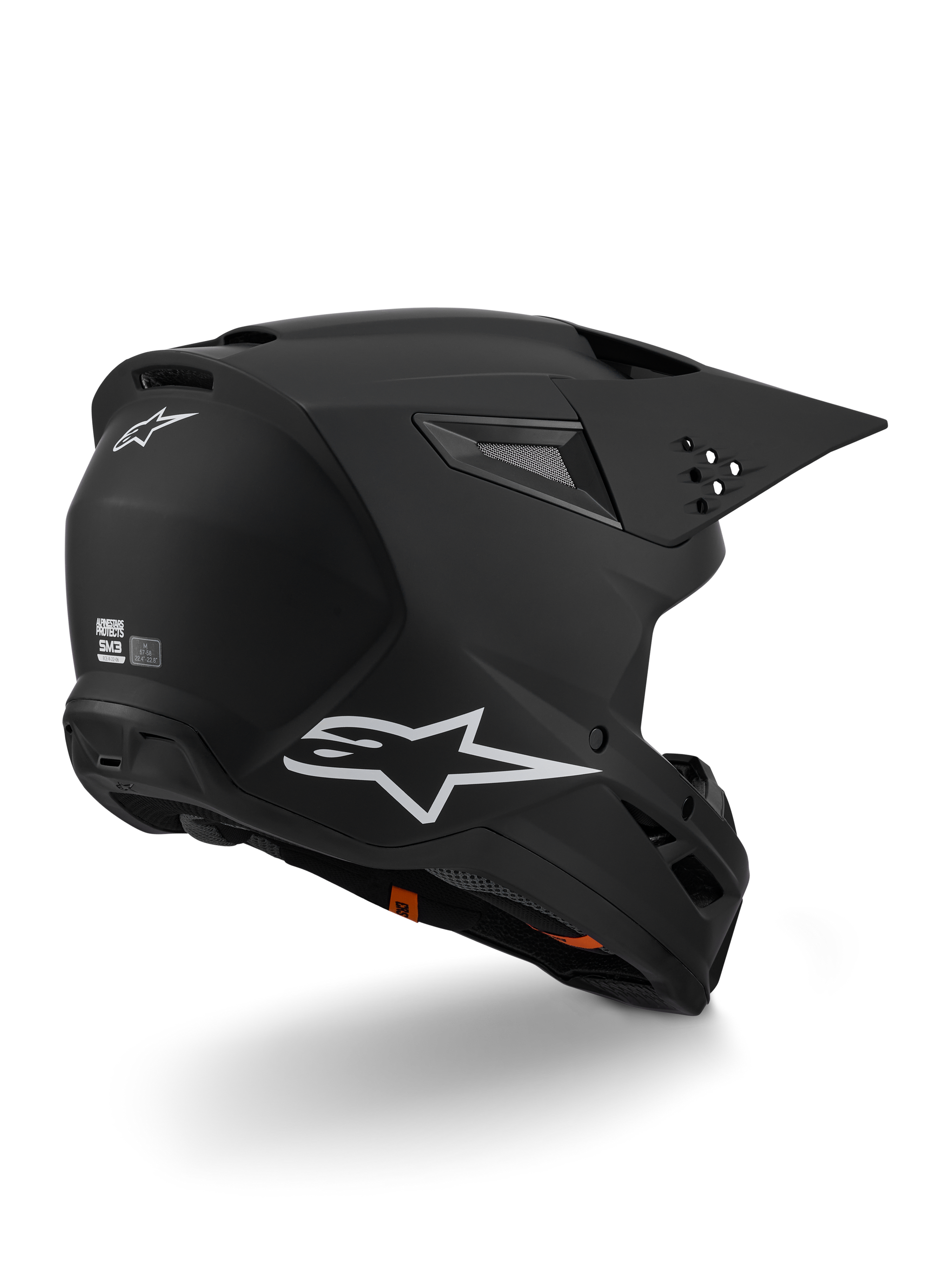 Alpinestars S-M3 Solid Helmet ECE 22.06, casco de motocross, negro mate, con el logotipo blanco de Alpinestars en el lateral y la parte trasera, carcasa aerodinámica con puertos de ventilación integrados y visera de liberación rápida, diseñado para un alto rendimiento en carreras off-road