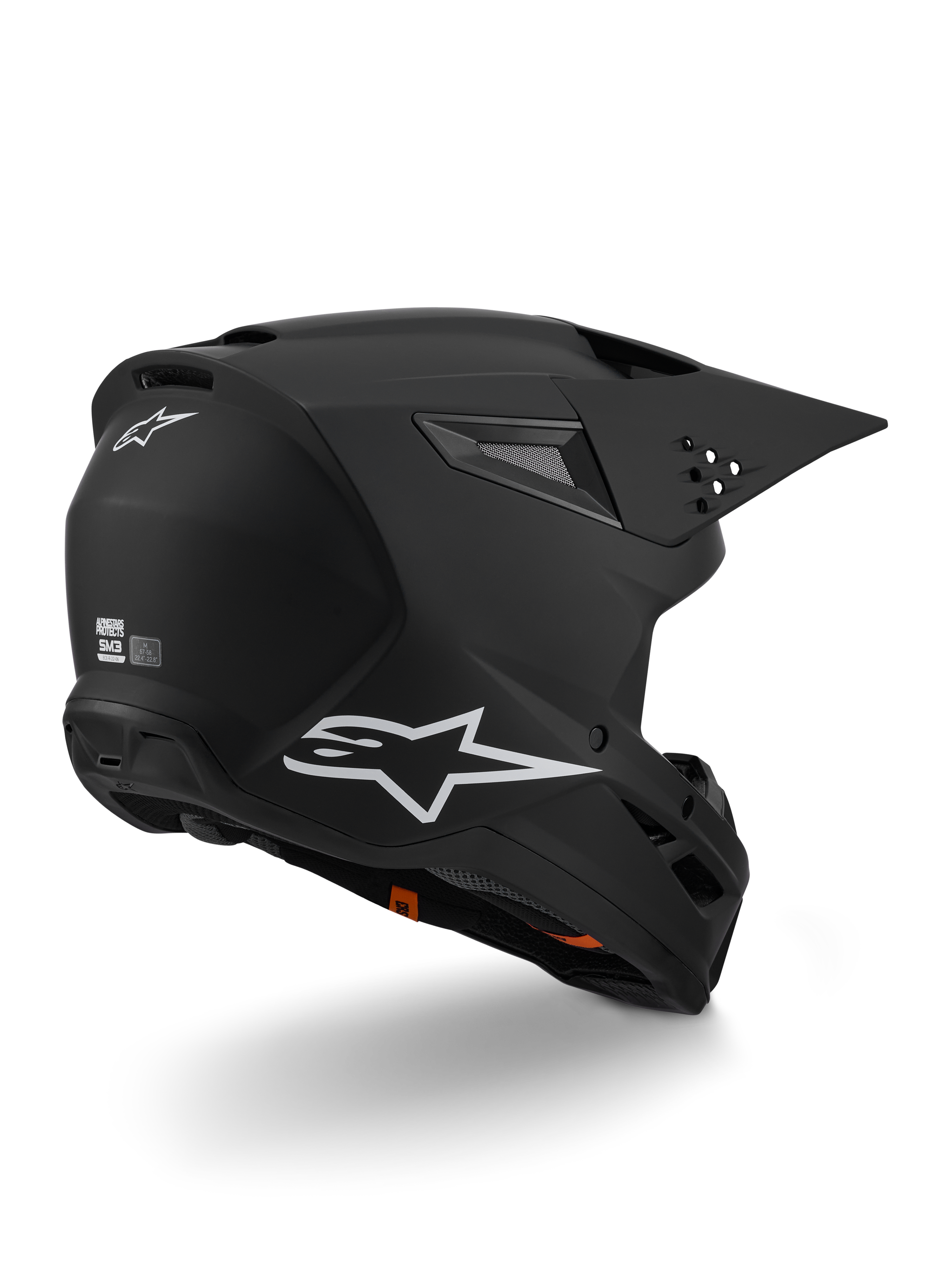 Alpinestars S-M3 Solid Helmet ECE 22.06, casco de motocross, negro mate, con el logotipo blanco de Alpinestars en el lateral y la parte trasera, carcasa aerodinámica con puertos de ventilación integrados y visera de liberación rápida, diseñado para un alto rendimiento en carreras off-road