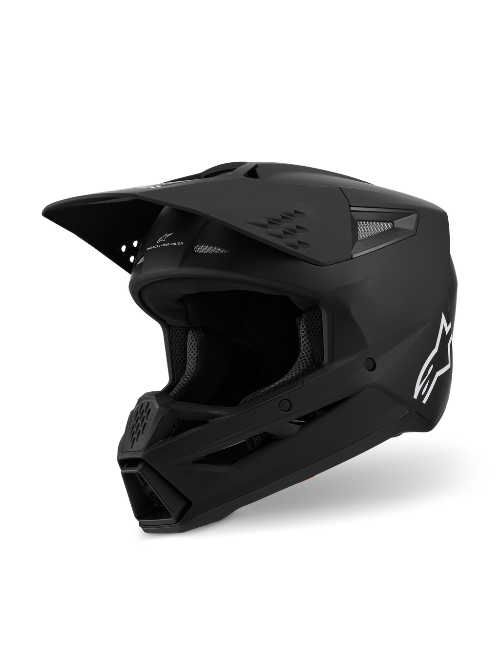 Casco Alpinestars S-M3 Solid ECE 22.06, casco de motocross, negro mate, vista lateral de tres cuartos con visera grande y entradas de aire, carcasa aerodinámica con el logotipo blanco de Alpinestars, equipo profesional para carreras todoterreno