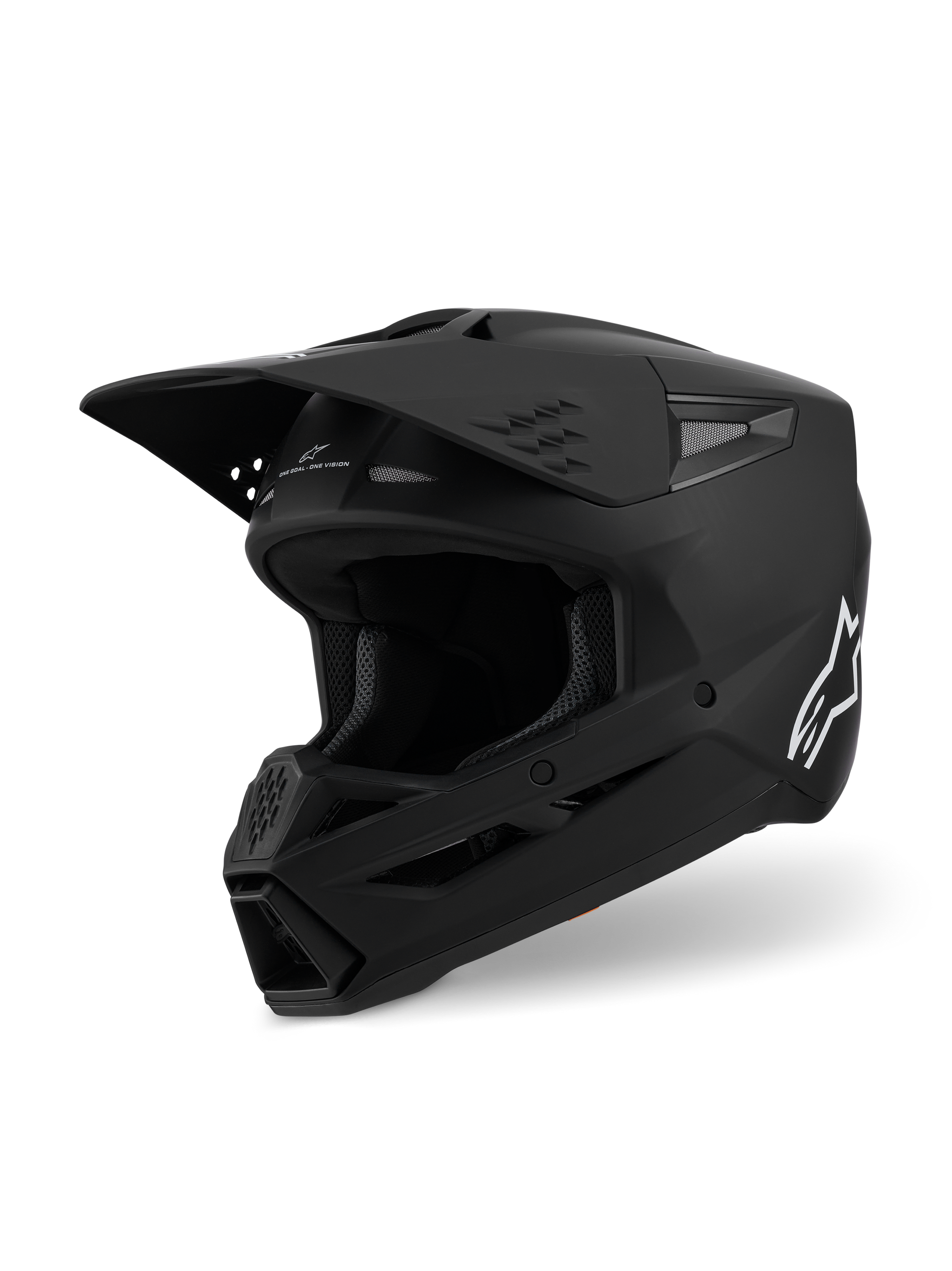 Casco Alpinestars S-M3 Solid ECE 22.06, casco de motocross, negro mate, vista lateral de tres cuartos con visera grande y entradas de aire, carcasa aerodinámica con el logotipo blanco de Alpinestars, equipo profesional para carreras todoterreno