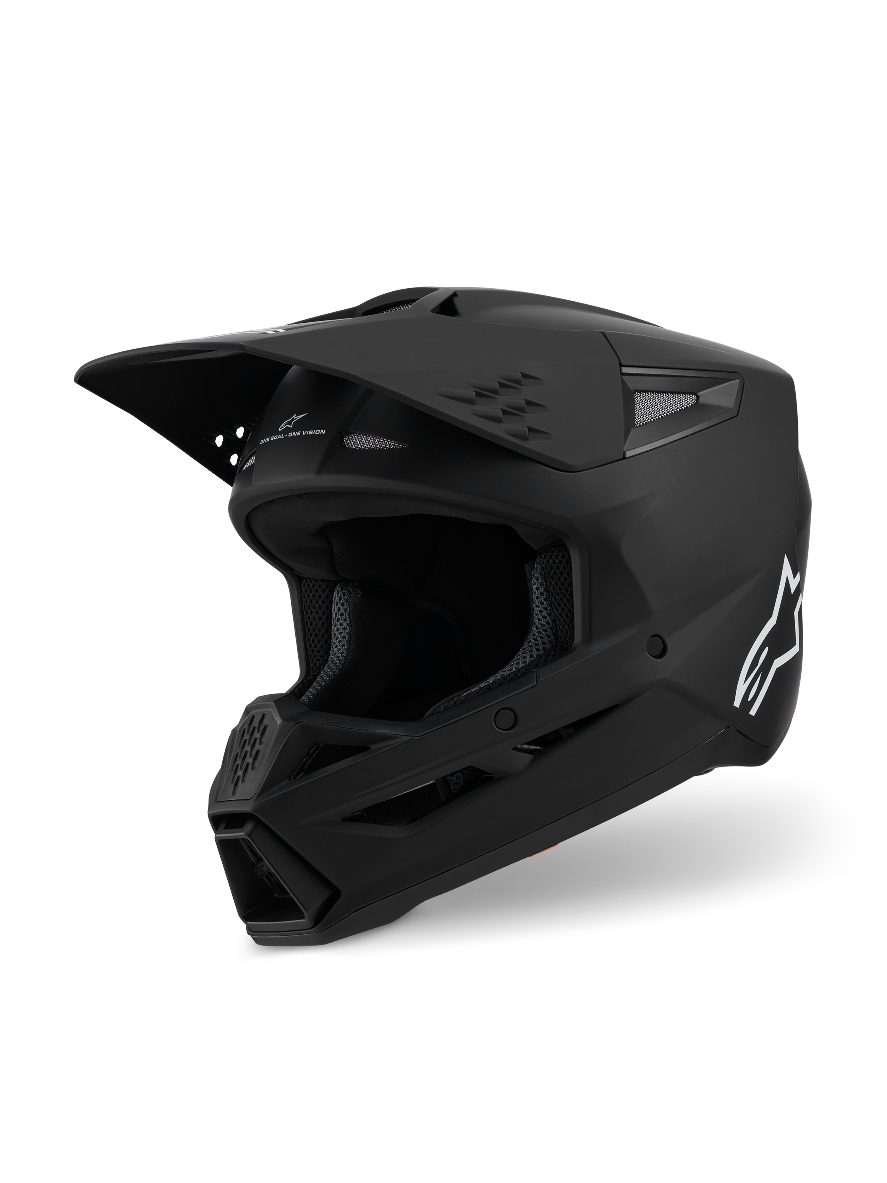 Casco Alpinestars S-M3 Solid ECE 22.06, casco de motocross, negro mate, vista lateral de tres cuartos con visera grande y entradas de aire, carcasa aerodinámica con el logotipo blanco de Alpinestars, equipo profesional para carreras todoterreno