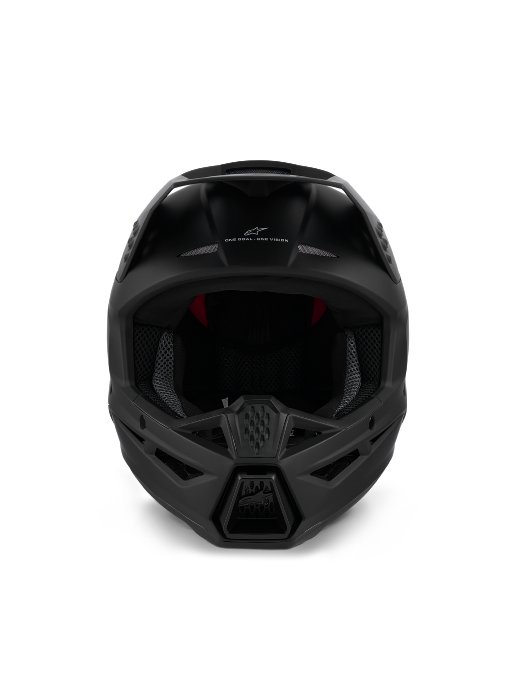 Alpinestars S-M3 Solid Helmet ECE 22.06, casco de motocross, negro mate, vista frontal que muestra la ventilación agresiva de la mentonera y el lema 'ONE GOAL - ONE VISION', diseño aerodinámico para carreras todoterreno