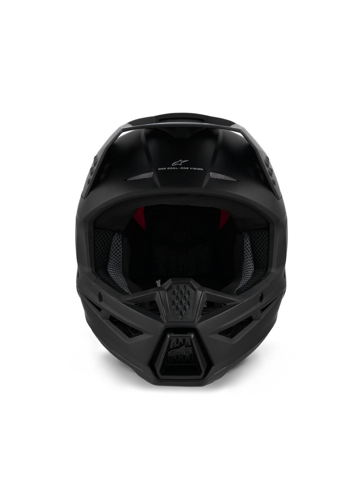 Alpinestars S-M3 Solid Helmet ECE 22.06, casco de motocross, negro mate, vista frontal que muestra la ventilación agresiva de la mentonera y el lema 'ONE GOAL - ONE VISION', diseño aerodinámico para carreras todoterreno