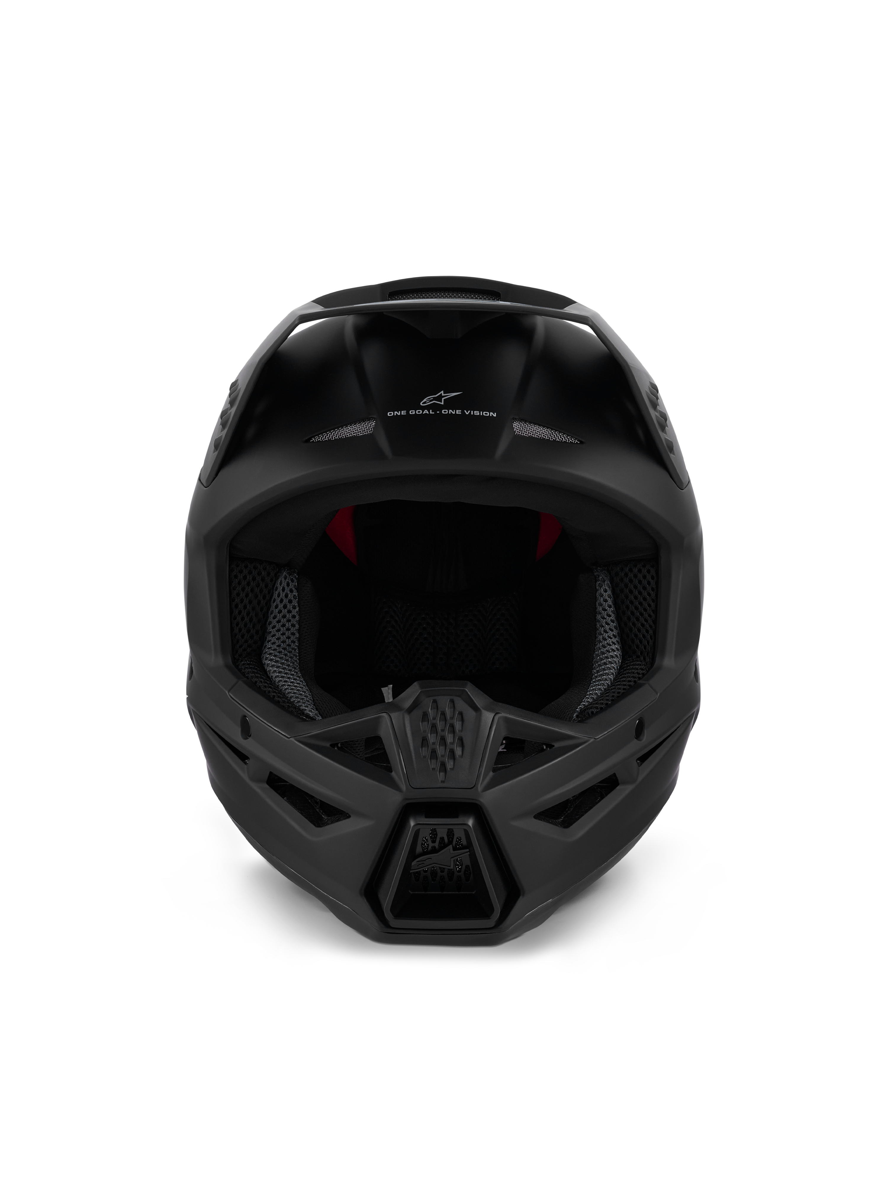 Alpinestars S-M3 Solid Helmet ECE 22.06, casco de motocross, negro mate, vista frontal que muestra la ventilación agresiva de la mentonera y el lema 'ONE GOAL - ONE VISION', diseño aerodinámico para carreras todoterreno