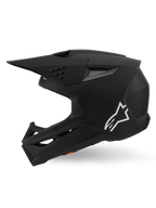Alpinestars S-M3 Solid Helmet ECE 22.06, casco de motocross, negro mate, vista de perfil lateral con el logo Astars en blanco, diseño de carcasa angular con puertos de ventilación integrados y visera protectora, equipamiento de alto rendimiento para carreras off-road