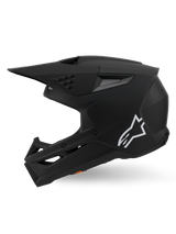 Alpinestars S-M3 Solid Helmet ECE 22.06, casco de motocross, negro mate, vista de perfil lateral con el logo Astars en blanco, diseño de carcasa angular con puertos de ventilación integrados y visera protectora, equipamiento de alto rendimiento para carreras off-road