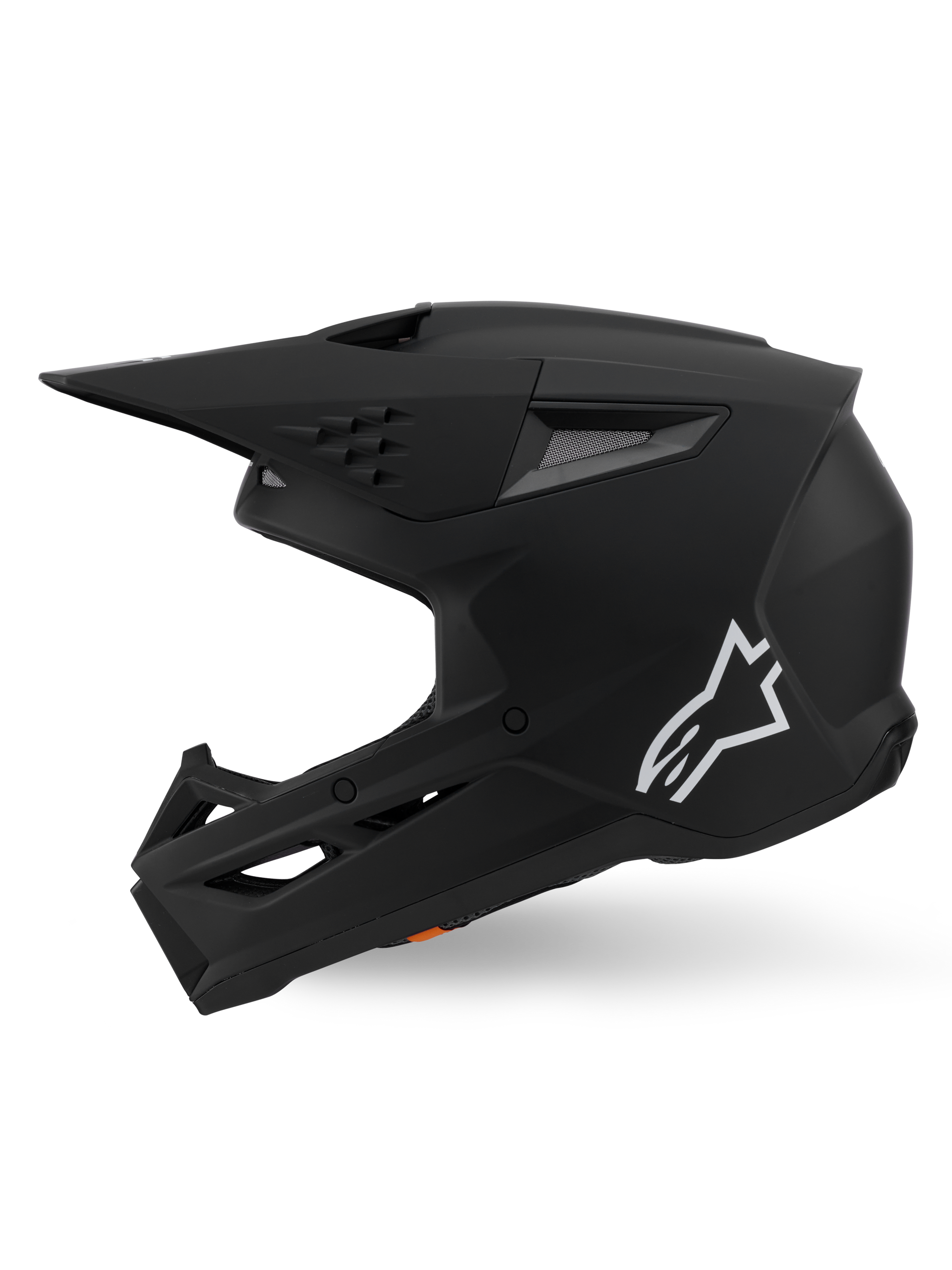 Alpinestars S-M3 Solid Helmet ECE 22.06, casco de motocross, negro mate, vista de perfil lateral con el logo Astars en blanco, diseño de carcasa angular con puertos de ventilación integrados y visera protectora, equipamiento de alto rendimiento para carreras off-road