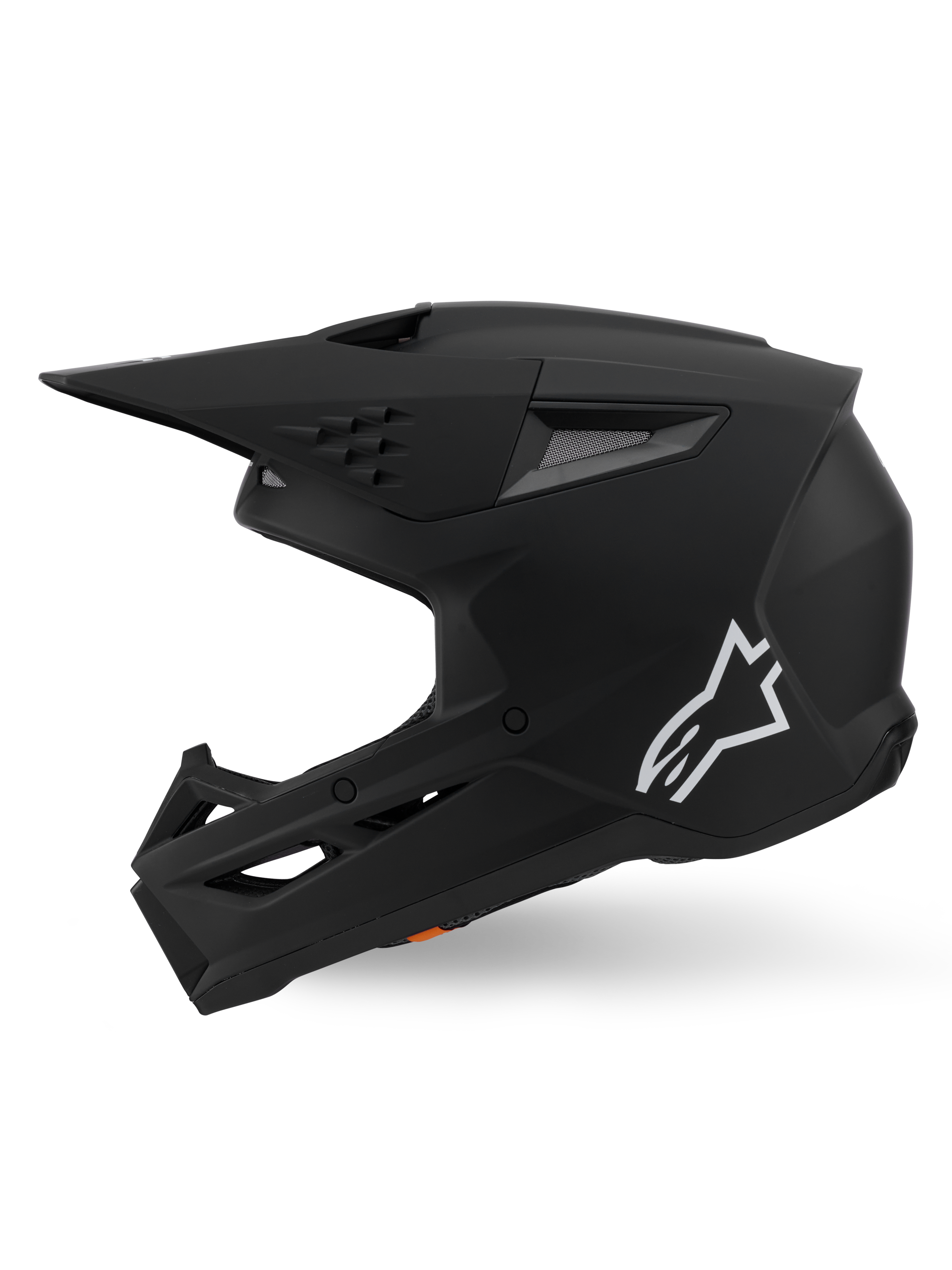 Alpinestars S-M3 Solid Helmet ECE 22.06, casco de motocross, negro mate, vista de perfil lateral con el logo Astars en blanco, diseño de carcasa angular con puertos de ventilación integrados y visera protectora, equipamiento de alto rendimiento para carreras off-road