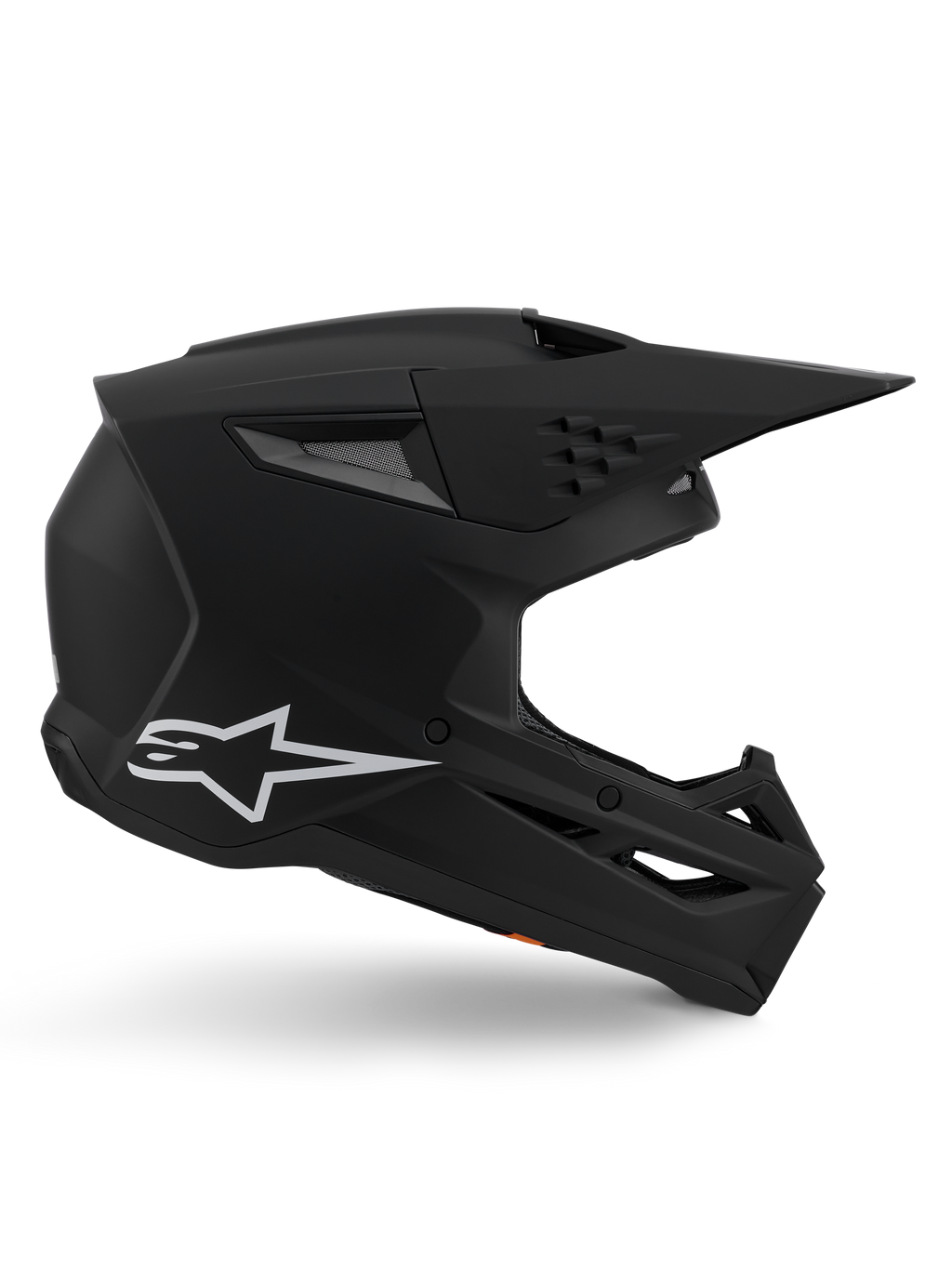 Casco Alpinestars S-M3 Solid, casco de motocross, acabado en negro mate, perfil lateral con el logotipo de Alpinestars en blanco, carcasa aerodinámica con múltiples puertos de ventilación y visera grande, equipo de protección profesional para off-road