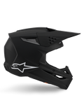 Casco Alpinestars S-M3 Solid, casco de motocross, acabado en negro mate, perfil lateral con el logotipo de Alpinestars en blanco, carcasa aerodinámica con múltiples puertos de ventilación y visera grande, equipo de protección profesional para off-road