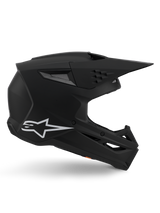 Casco Alpinestars S-M3 Solid, casco de motocross, acabado en negro mate, perfil lateral con el logotipo de Alpinestars en blanco, carcasa aerodinámica con múltiples puertos de ventilación y visera grande, equipo de protección profesional para off-road