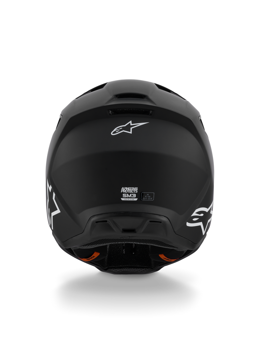 Casco Alpinestars S-M3 Solid ECE 22.06, casco de motocross, negro mate, vista trasera con logotipos Astar de Alpinestars en blanco, puertos de salida de ventilación en la base, acabado mate para carreras off-road