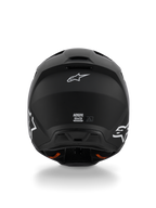 Casco Alpinestars S-M3 Solid ECE 22.06, casco de motocross, negro mate, vista trasera con logotipos Astar de Alpinestars en blanco, puertos de salida de ventilación en la base, acabado mate para carreras off-road