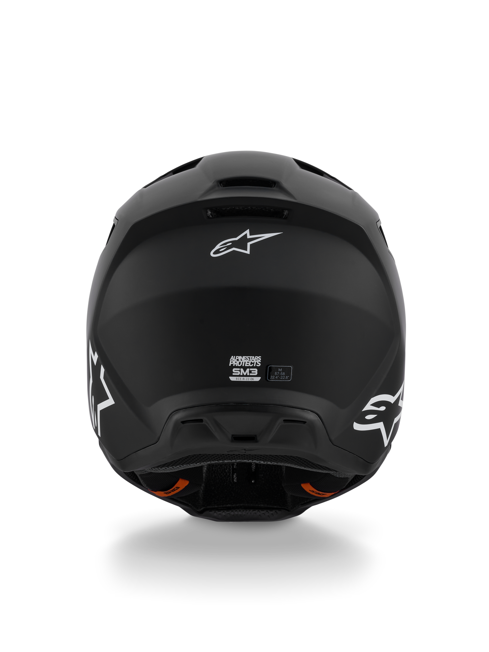 Casco Alpinestars S-M3 Solid ECE 22.06, casco de motocross, negro mate, vista trasera con logotipos Astar de Alpinestars en blanco, puertos de salida de ventilación en la base, acabado mate para carreras off-road