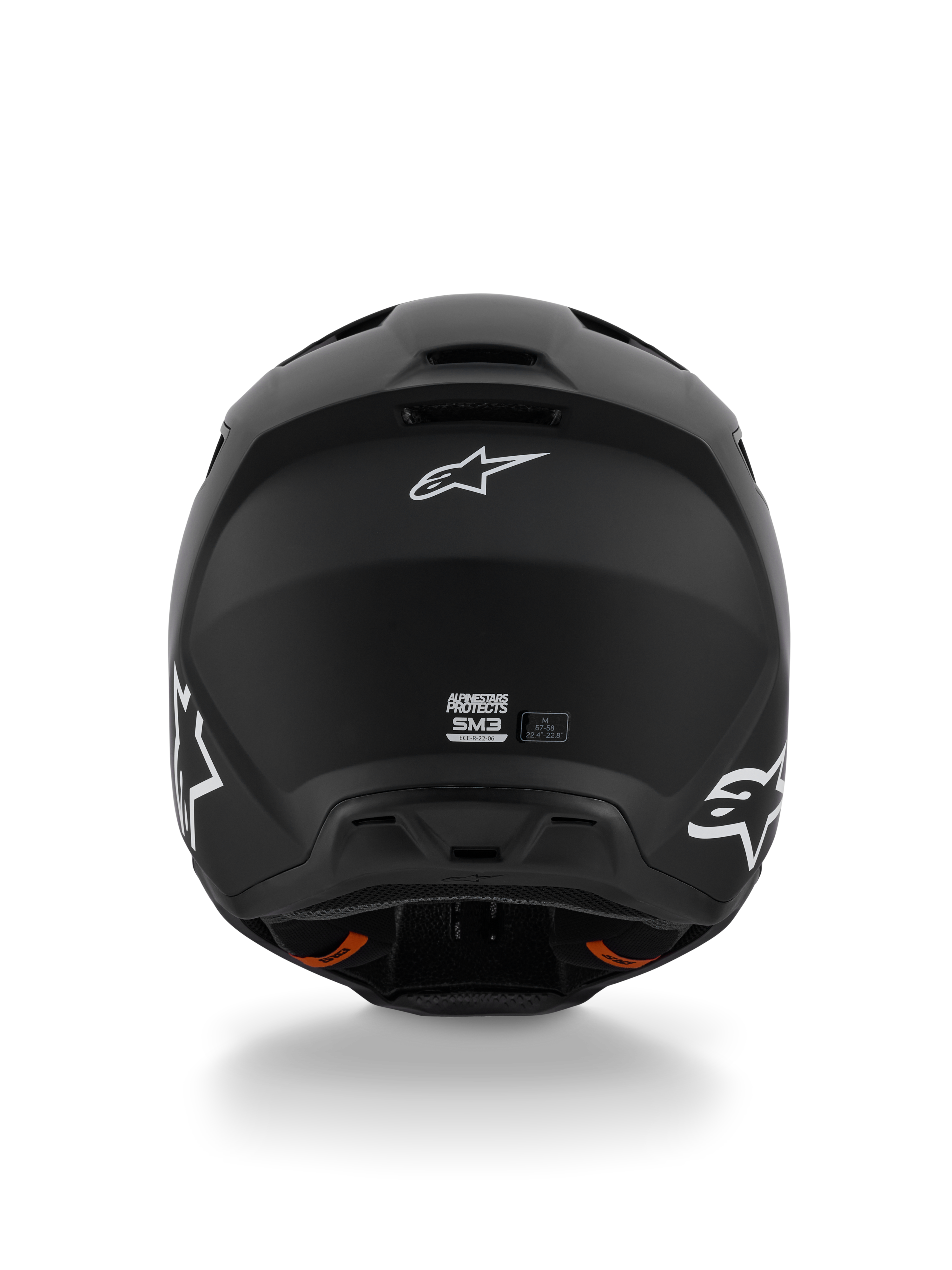Casco Alpinestars S-M3 Solid ECE 22.06, casco de motocross, negro mate, vista trasera con logotipos Astar de Alpinestars en blanco, puertos de salida de ventilación en la base, acabado mate para carreras off-road
