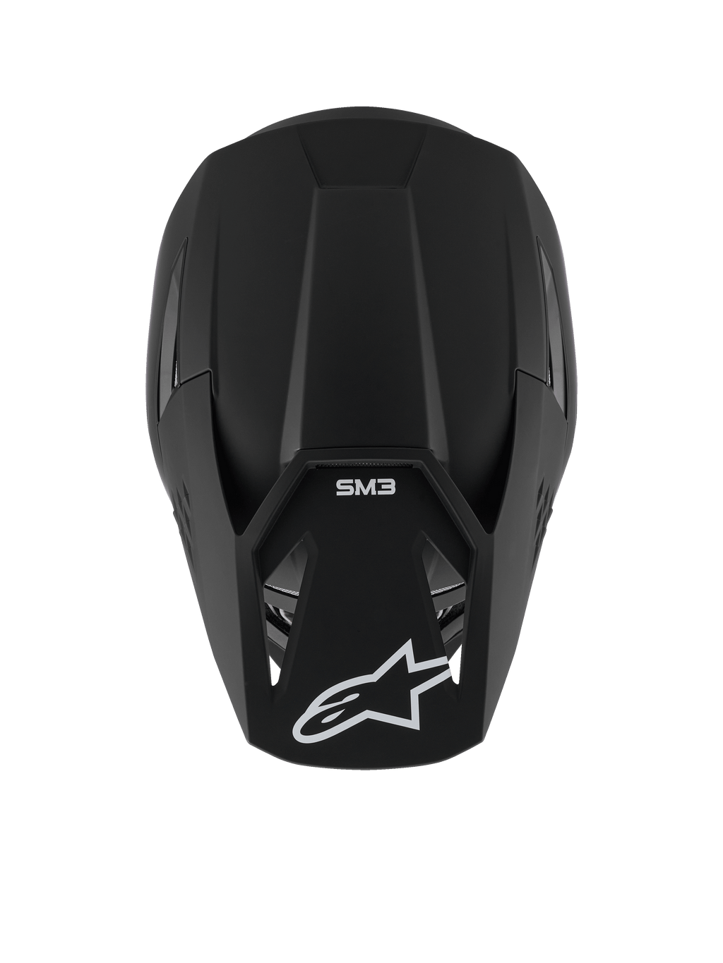Casco Alpinestars S-M3 Solid, casco de motocross, negro mate, vista desde arriba que muestra la textura mate y la carcasa aerodinámica, con el logotipo de la estrella de Alpinestars en blanco en la visera y la marca SM3, protección premium para la cabeza en competiciones off-road