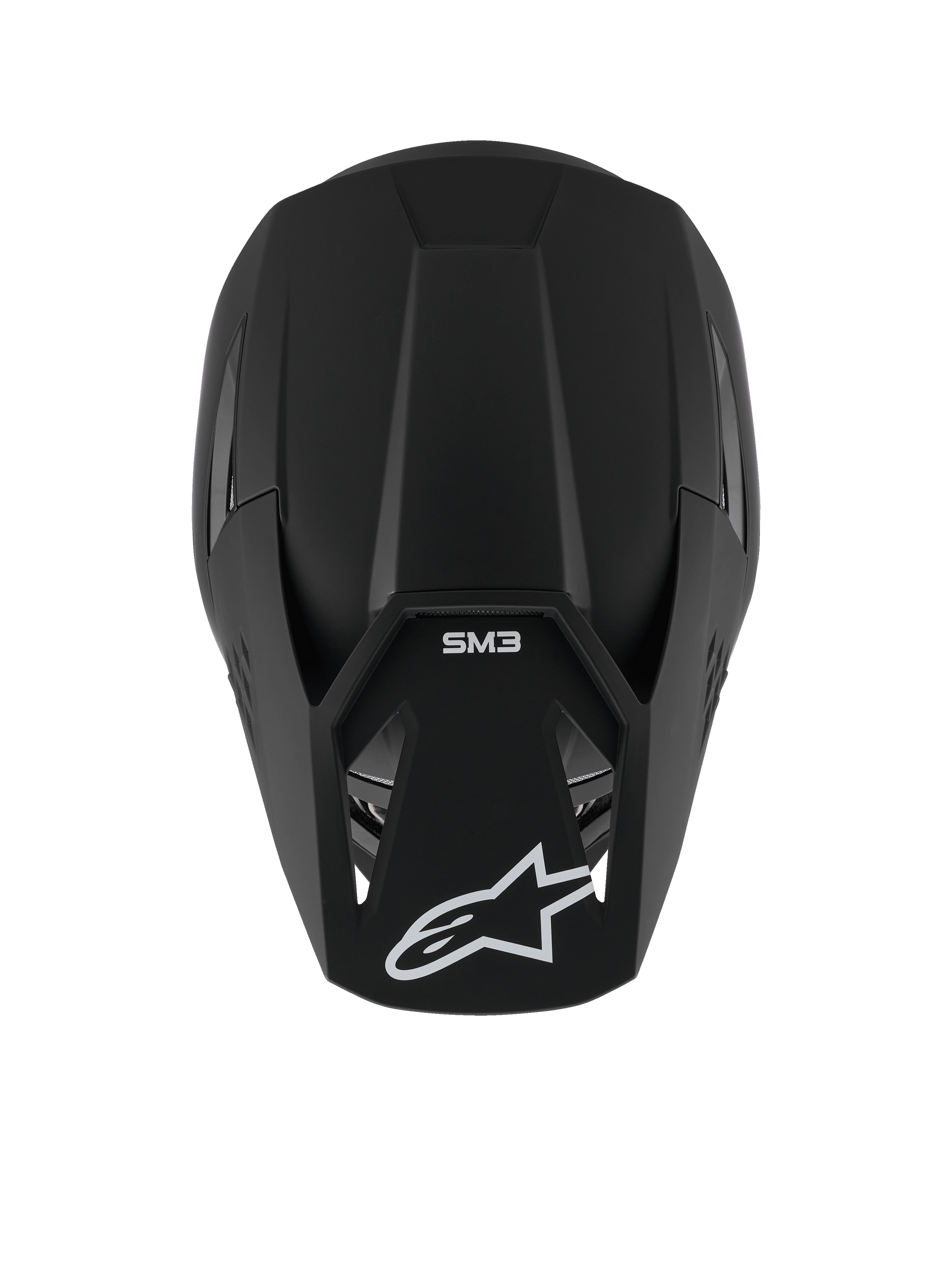 Casco Alpinestars S-M3 Solid, casco de motocross, negro mate, vista desde arriba que muestra la textura mate y la carcasa aerodinámica, con el logotipo de la estrella de Alpinestars en blanco en la visera y la marca SM3, protección premium para la cabeza en competiciones off-road
