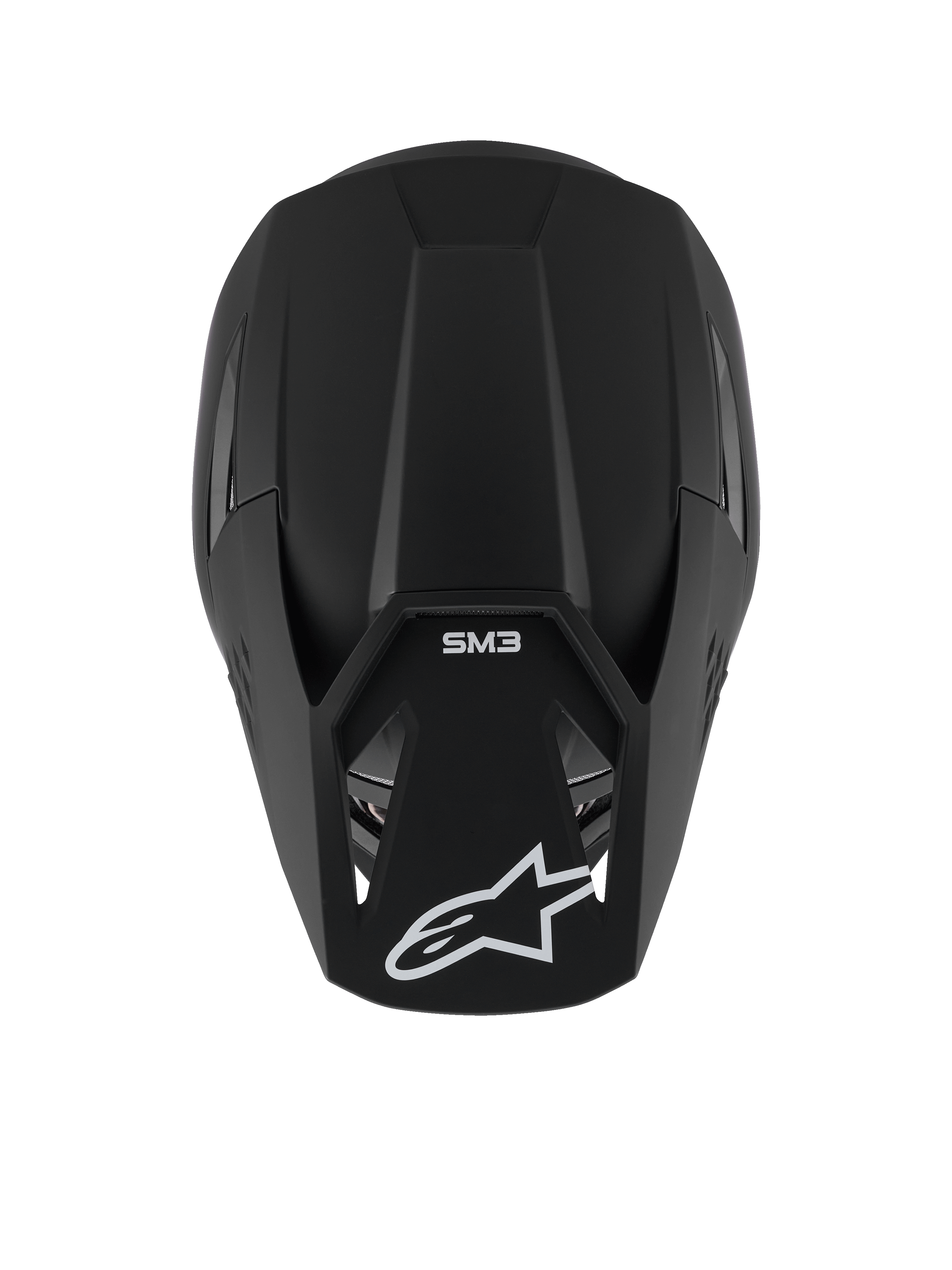 Casco Alpinestars S-M3 Solid, casco de motocross, negro mate, vista desde arriba que muestra la textura mate y la carcasa aerodinámica, con el logotipo de la estrella de Alpinestars en blanco en la visera y la marca SM3, protección premium para la cabeza en competiciones off-road