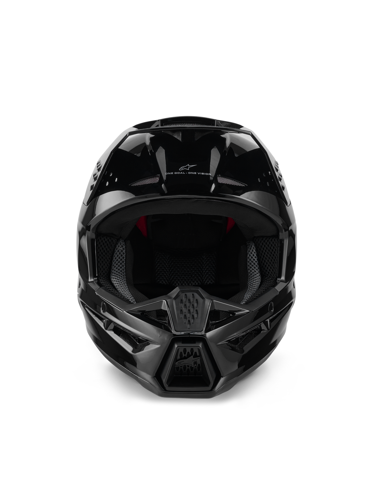 Casco Alpinestars S-M3 Solid ECE 22.06, casco de motocross, negro brillante, vista frontal que muestra los puertos de ventilación de entrada, calota aerodinámica estilizada con acabado brillante, con el logotipo de Alpinestars y la marca 'One Goal. One Vision.'