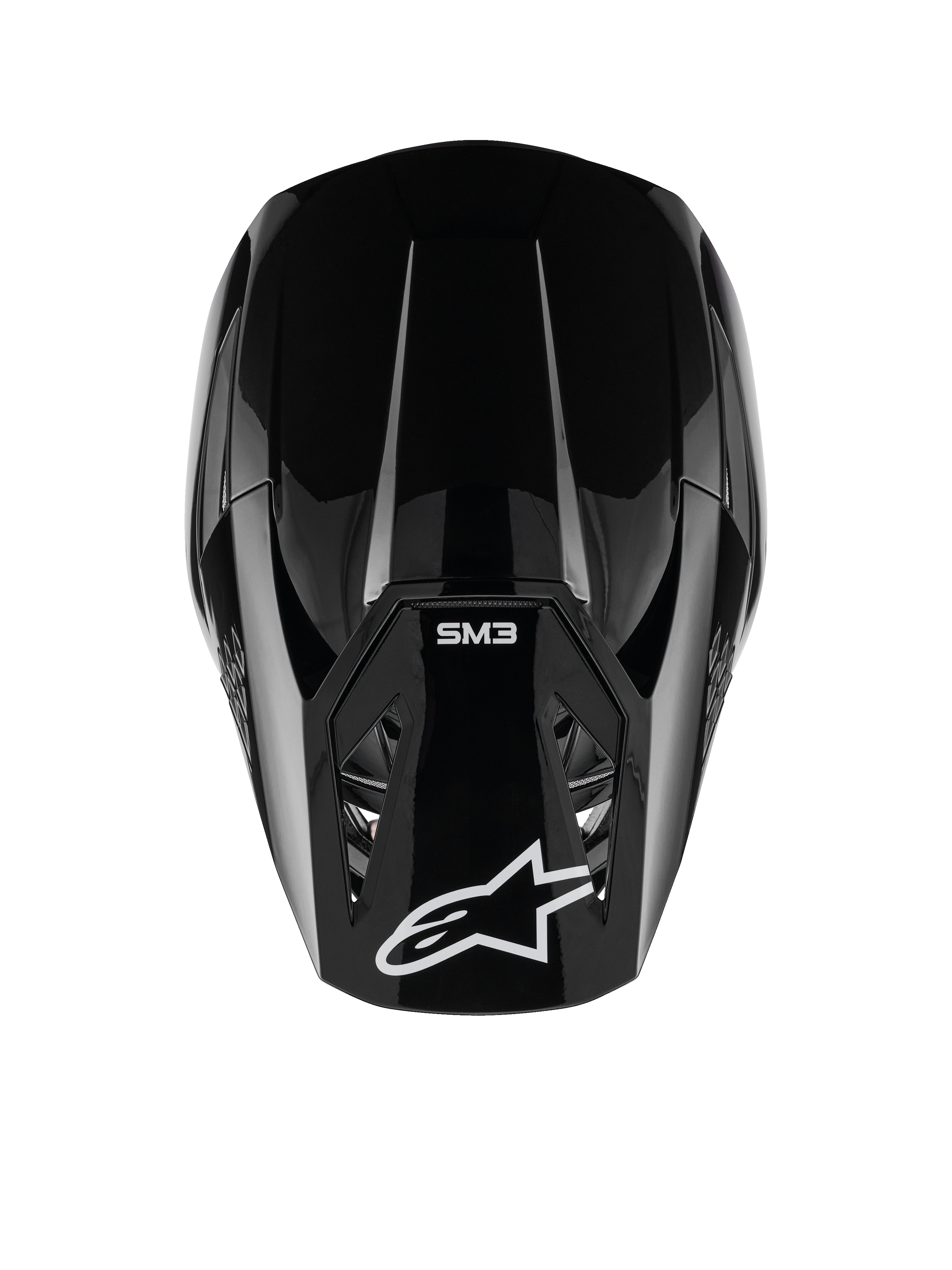 Alpinestars S-M3 Solid Helmet, Motocross Helmet, Black Glossy, top-down view showing white Alpinestars logo and SM3 branding on the visor, sleek aerodynamic design, professional off-road protection
