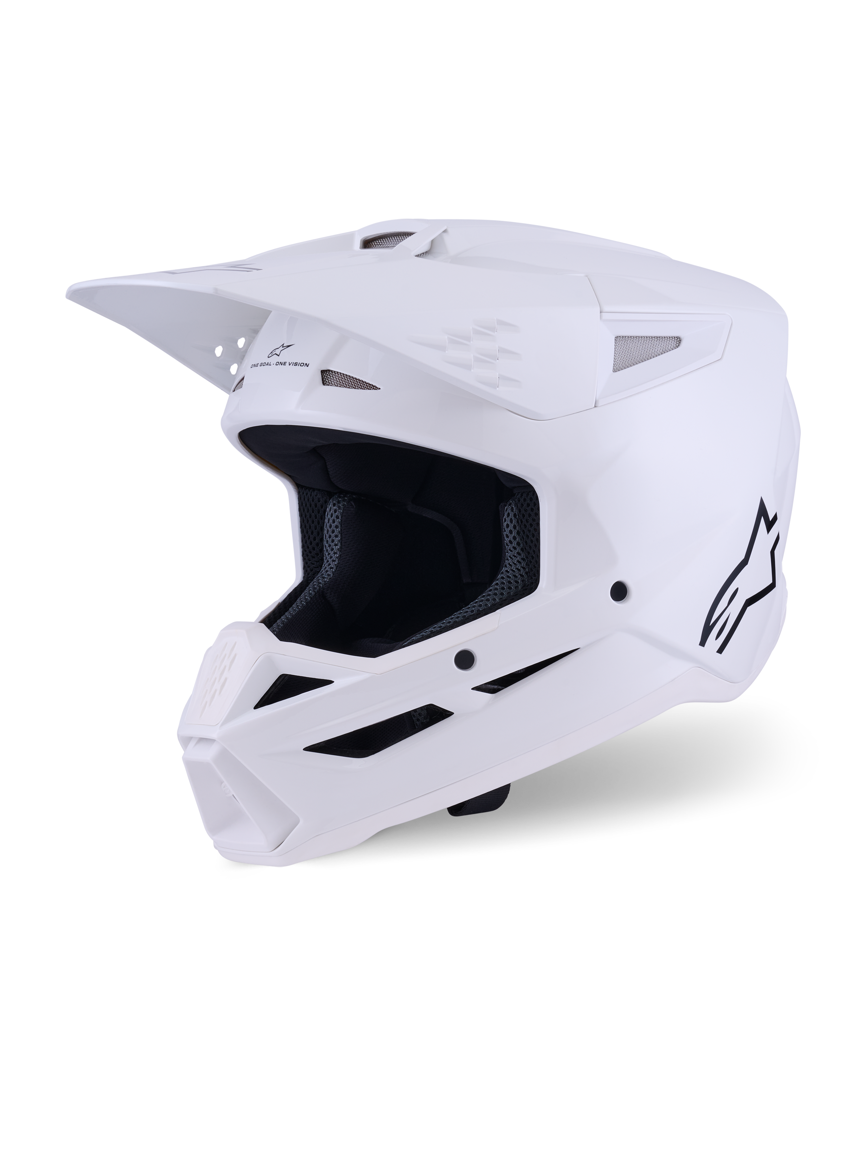 Alpinestars S-M3 Solid Helmet, Motocross Helmet, White Glossy, full-face off-road head protector featuring a prominent visor, multiple intake vents, and a black Alpinestars logo on the side profile