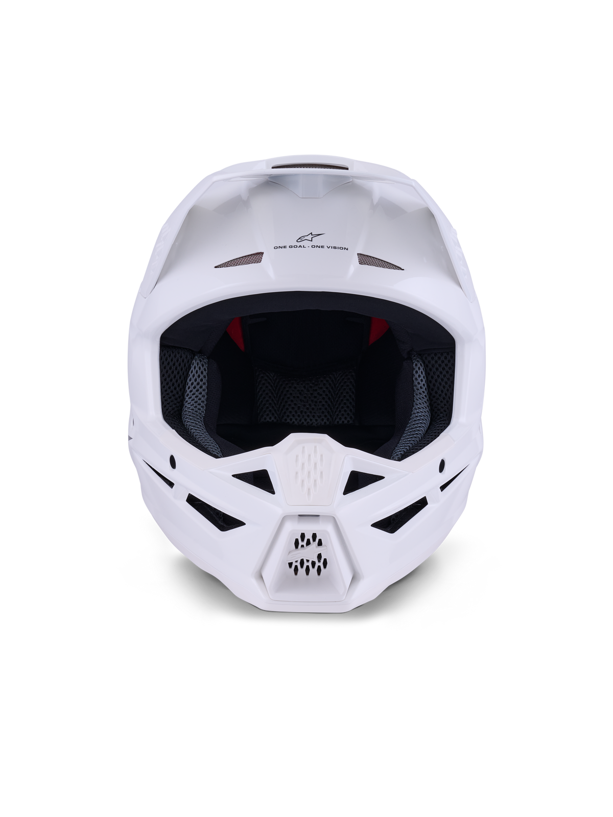 Casco Alpinestars S-M3 Solid ECE 22.06, casco de motocross, blanco brillante, vista frontal con múltiples tomas de aire en la mentonera y la frente, carcasa aerodinámica elegante con visera, marca 'ONE GOAL - ONE VISION' y forro interior de malla para protección en carreras todoterreno