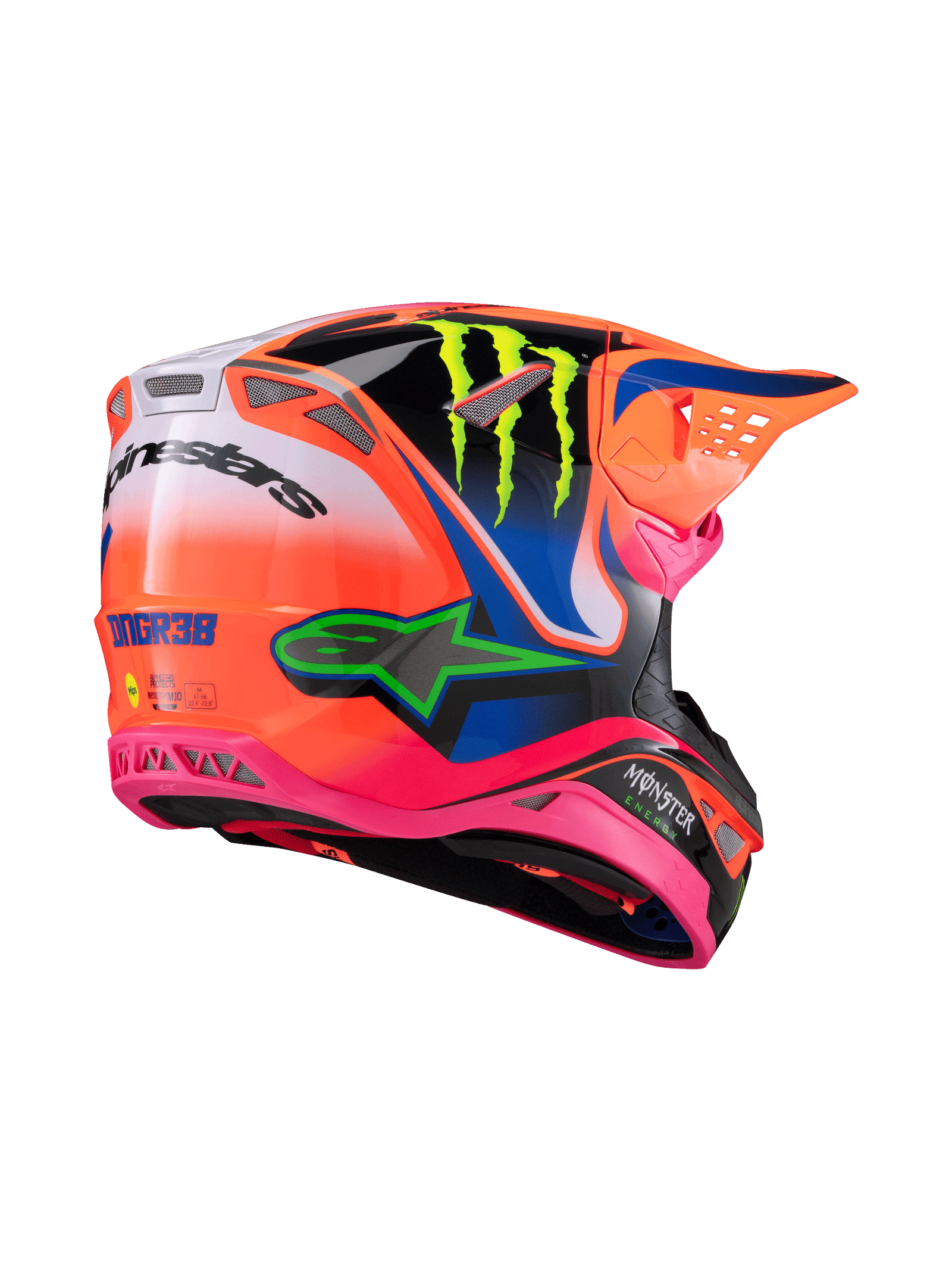 Casco Alpinestars Supertech M10 Deegan Monster ECE 22.06, casco de motocross, naranja flúor, púrpura y rosa brillante, vista trasera en tres cuartos que destaca el diseño aerodinámico con múltiples puertos de ventilación de malla, con el logotipo de Monster Energy en verde lima y la marca Alpinestars.