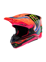 Casco Alpinestars Supertech M10 Deegan Monster ECE 22.06, casco de motocross, naranja flúor, púrpura y rosa brillante, con paneles negros y la marca de la garra verde de Monster Energy, diseño aerodinámico con puertos de ventilación integrados, equipo de carreras todoterreno premium