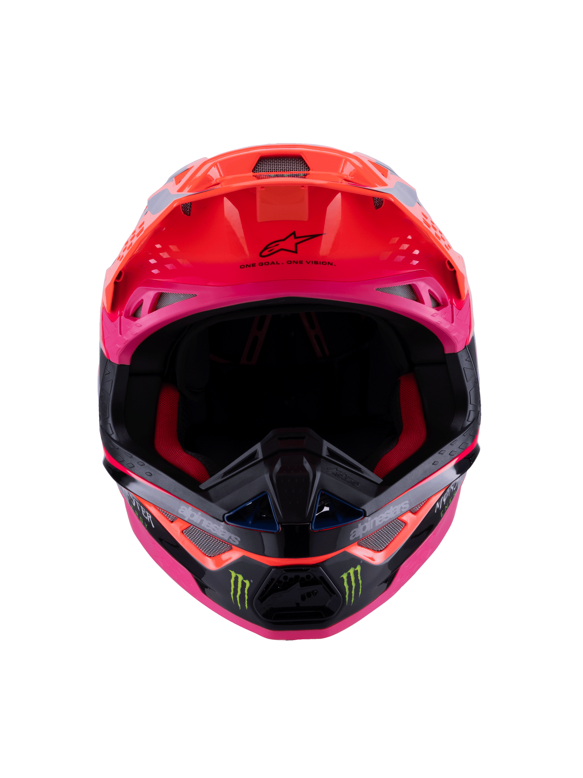 Casco Alpinestars Supertech M10 Deegan Monster ECE 22.06, vista frontal de casco de motocross en naranja flúor, púrpura y rosa brillante, con logotipos de la garra de Monster Energy en la mentonera negra, diseño aerodinámico con puertos de ventilación integrados, protección de cabeza premium para carreras off-road