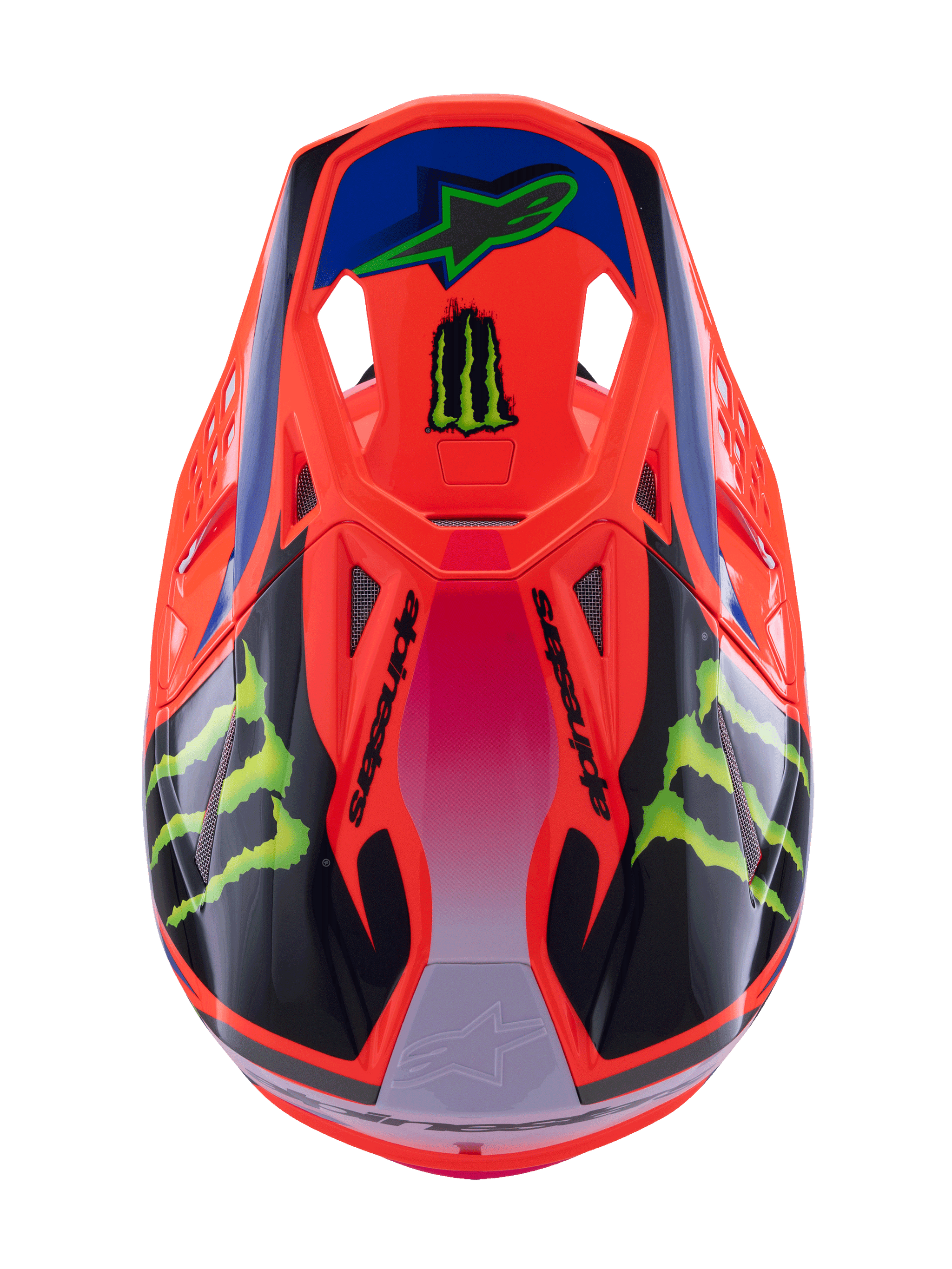 Casco Alpinestars Supertech M10 Deegan Monster, casco de motocross, naranja flúor con degradado púrpura y rosa, con logotipos de la garra de Monster Energy en verde y gráficos negros, vista superior que muestra el perfil aerodinámico y los puertos de ventilación