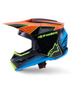 Alpinestars S-M3 Fray Helmet ECE 22.06, Motocross Helmet, Black with Orange, Blue, and Fluorescent Yellow accents, side profile view showcasing aerodynamic shell and integrated ventilation ports, featuring bold Alpinestars branding, professional off-road racing protection