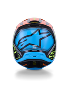 Alpinestars S-M3 Fray Helmet ECE 22.06, Motocross Helmet, Rear view, Black with vibrant Orange and Neon Yellow accents, large blue panel featuring a black Alpinestars star logo, off-road racing protection