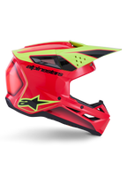 Alpinestars S-M3 Fray Helmet ECE 22.06, Motocross Helmet, Red Yellow Fluo Black Glossy, side profile view featuring aerodynamic shell, multiple ventilation ports, bold black branding, and high-visibility yellow visor